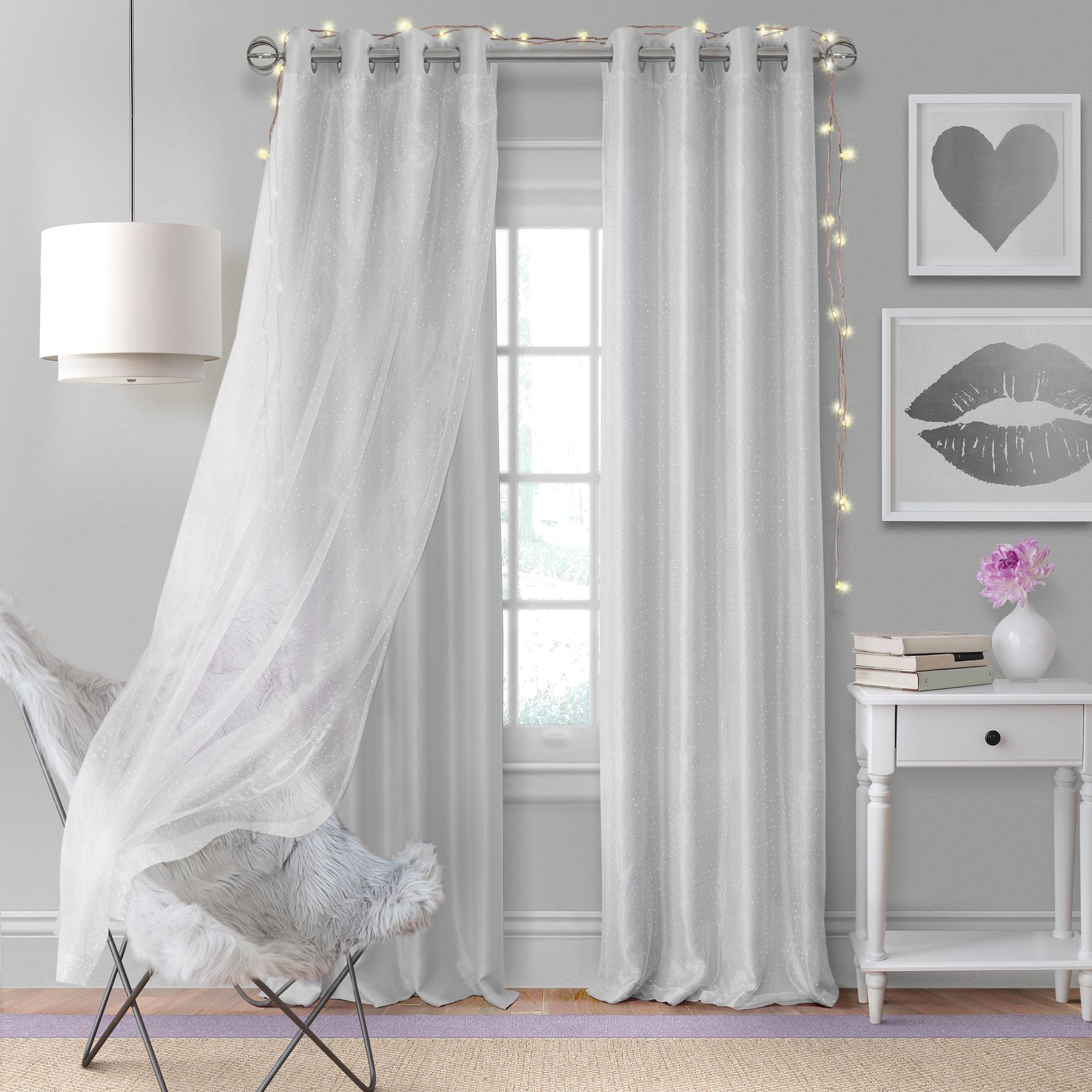 Aurora Kids Room Darkening Sheer Sparkle Overlay Single Curtain Panel - 52" x 63" - Pearl Gray - Elrene Home Fashions