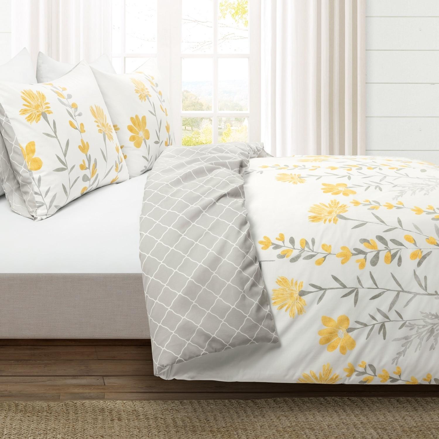 Yellow/Gray Standard Cotton Reversible 3 Piece Duvet Cover Set