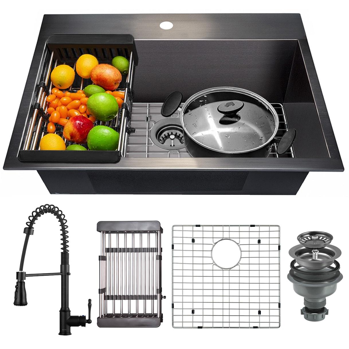 Drop-In 25-in x 22-in Gunmetal Black Stainless Steel Single Bowl 1-Hole Kitchen Sink All-in-one Kit