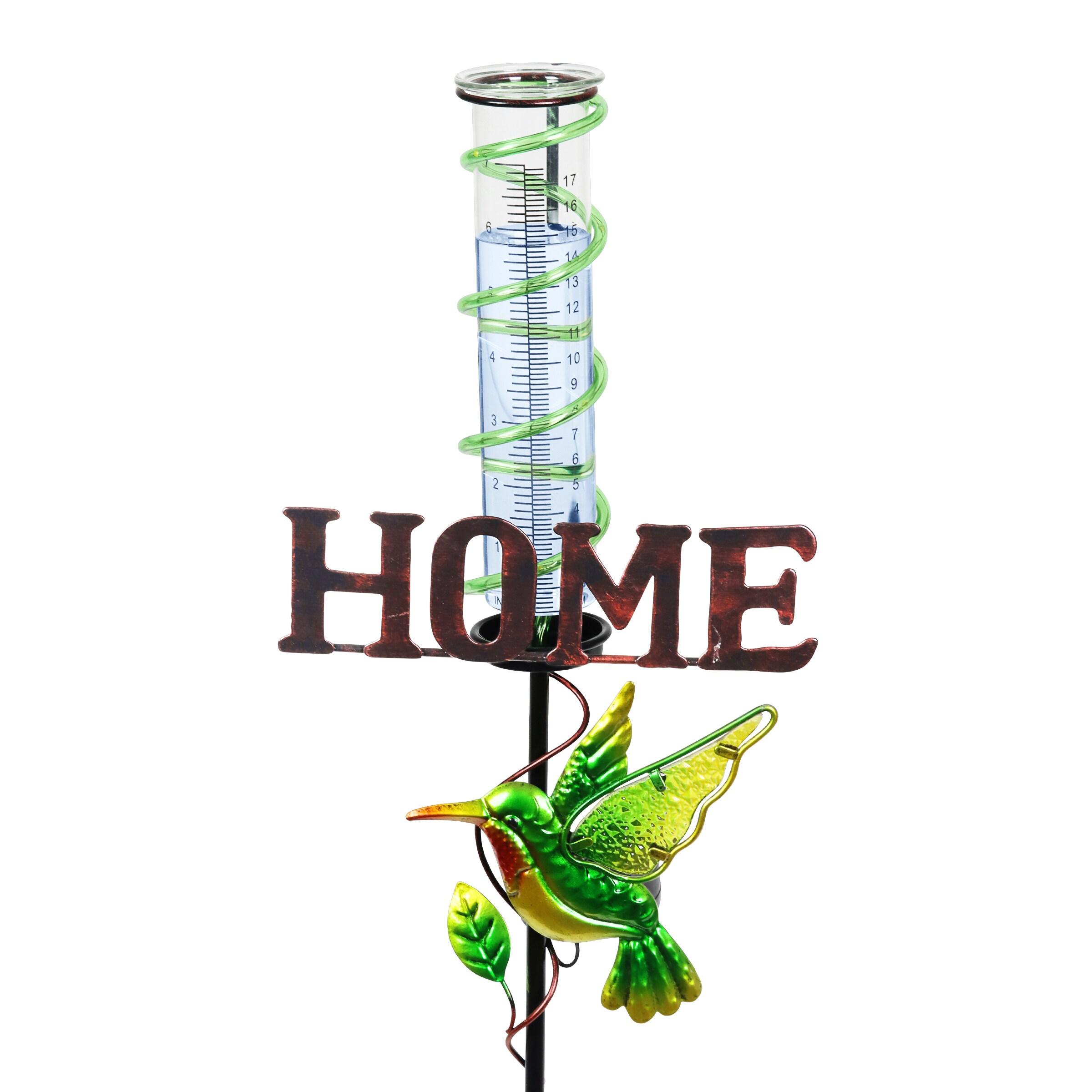 Exhart Solar Hummingbird Rain Gauge Garden Stake Reads HOME, 12.5 by 31.5 Inches