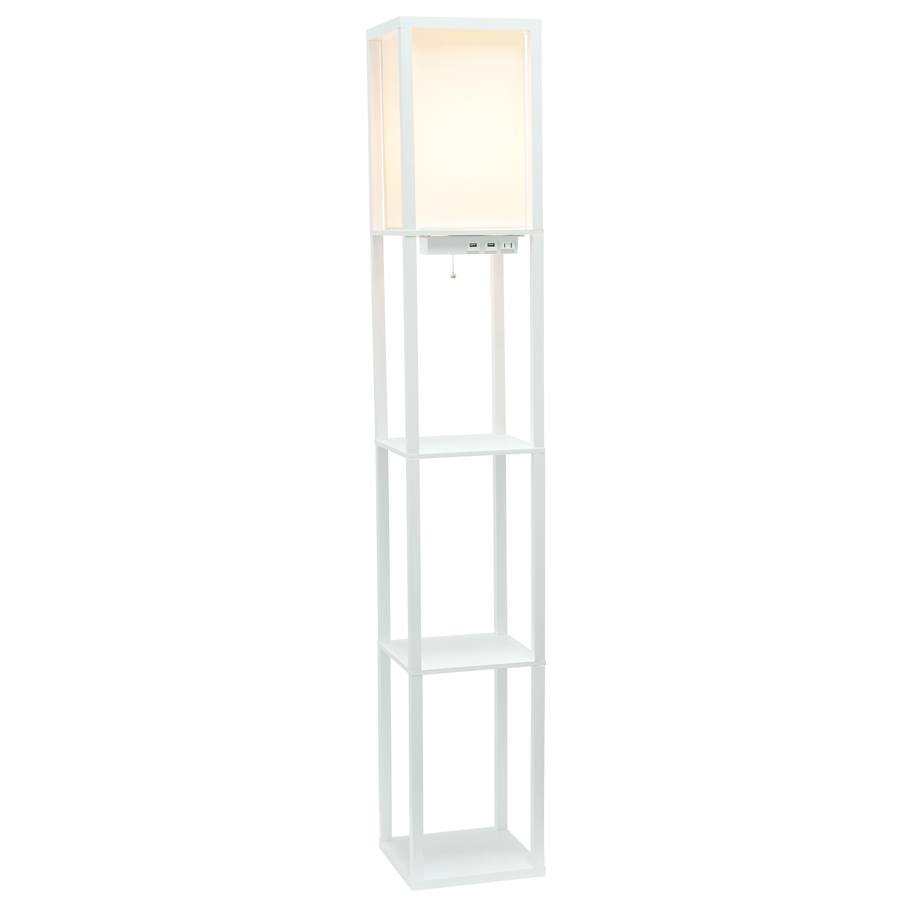 Creekwood Home Classix 62.5" 3-Tier Storage Floor Lamp with Charging Ports and Outlet White
