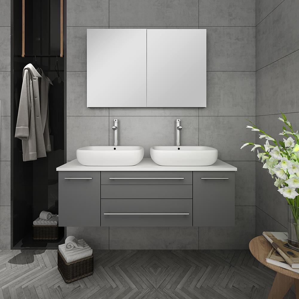 Fresca Lucera 48" Wall Hung Double Vessel Sink Wood Bathroom Vanity in Gray