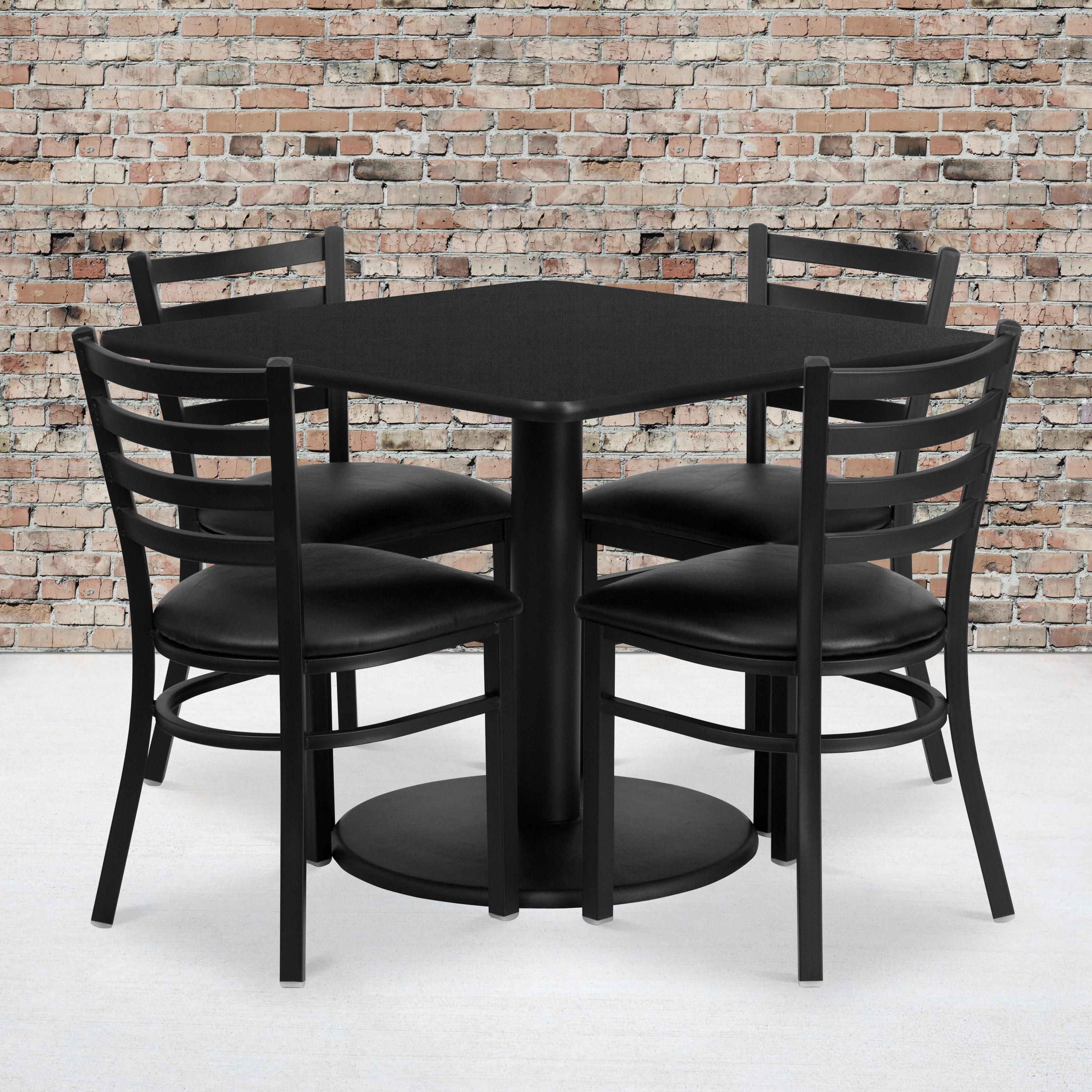 BizChair 36'' Square Black Laminate Table Set with Round Base and 4 Ladder Back Metal Chairs - Black Vinyl Seat