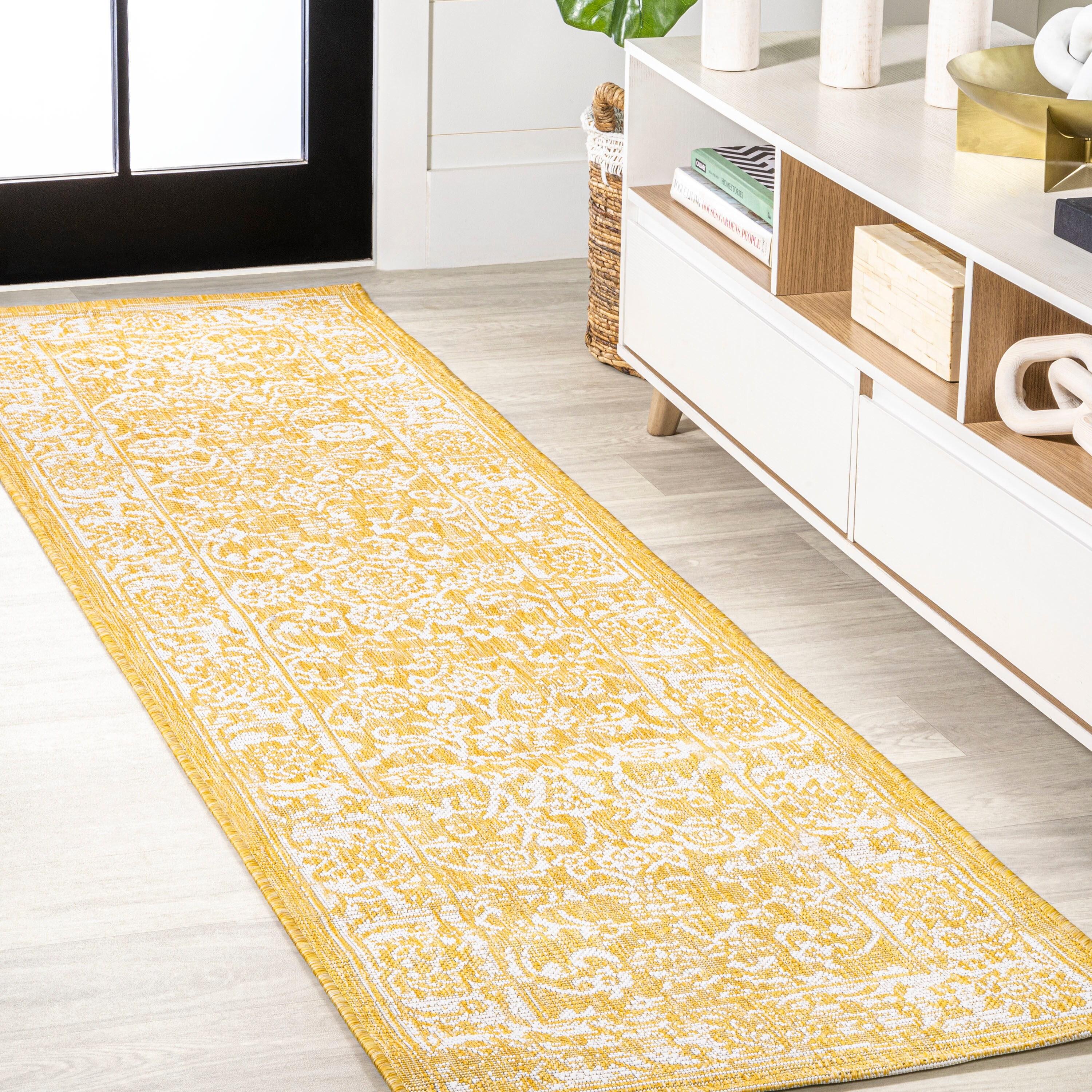 2' x 8' Tela Bohemian Styled Textured Weave Floral Indoor/Outdoor Runner Rug, Yellow/Cream - JONATHAN Y