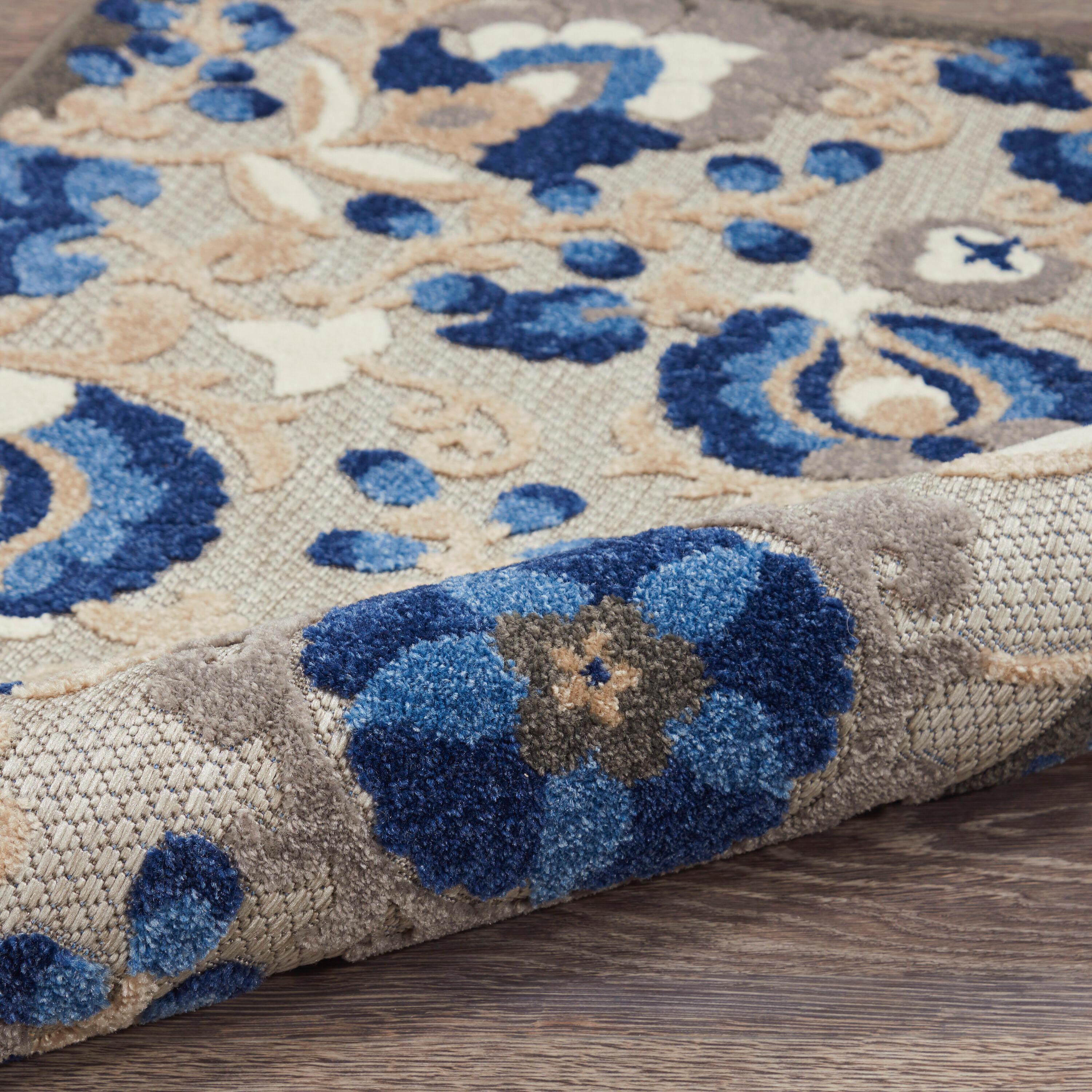 Nourison Aloha Floral Textured Flatweave High-Low Indoor Outdoor Area Rug Natural/Blue 3'6" x 5'6"