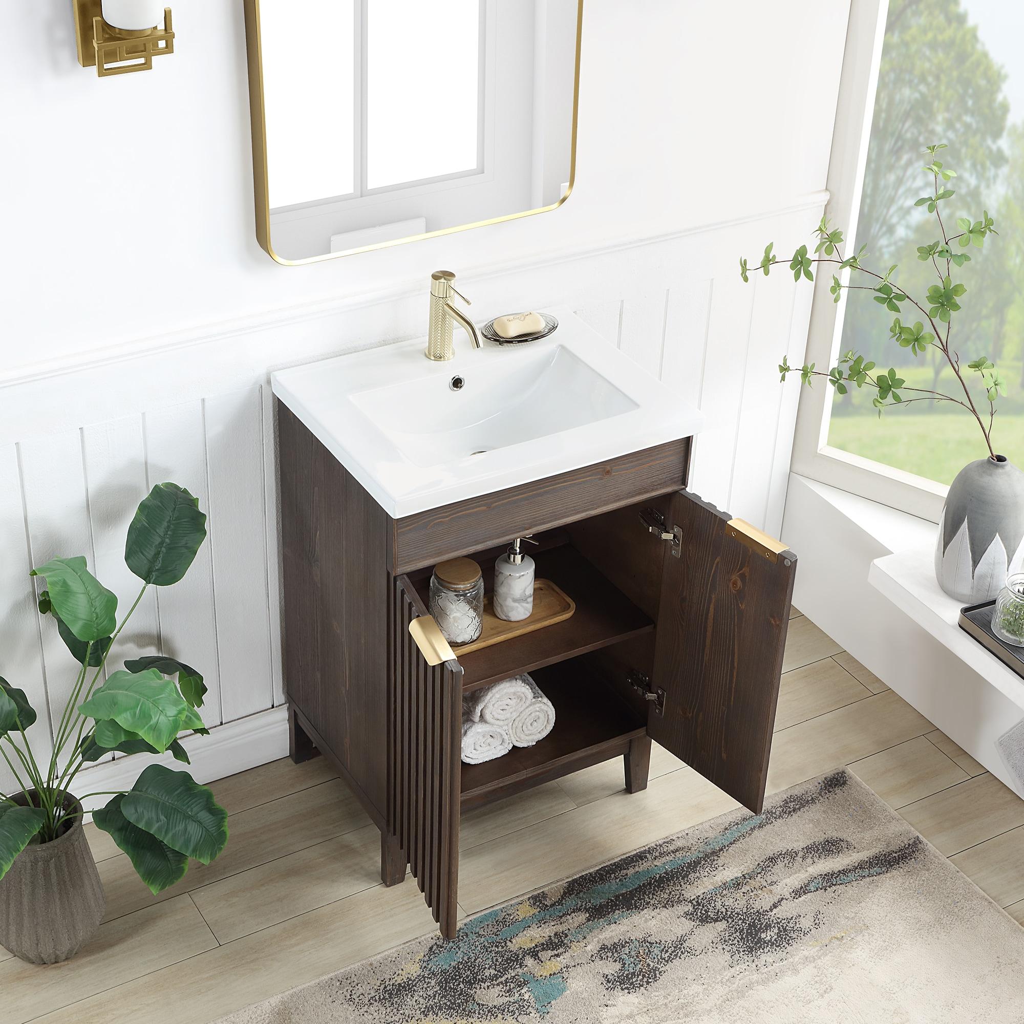 Palos 24" Single Bath Vanity in Spruce Antique Brown with White Ceramic Basin