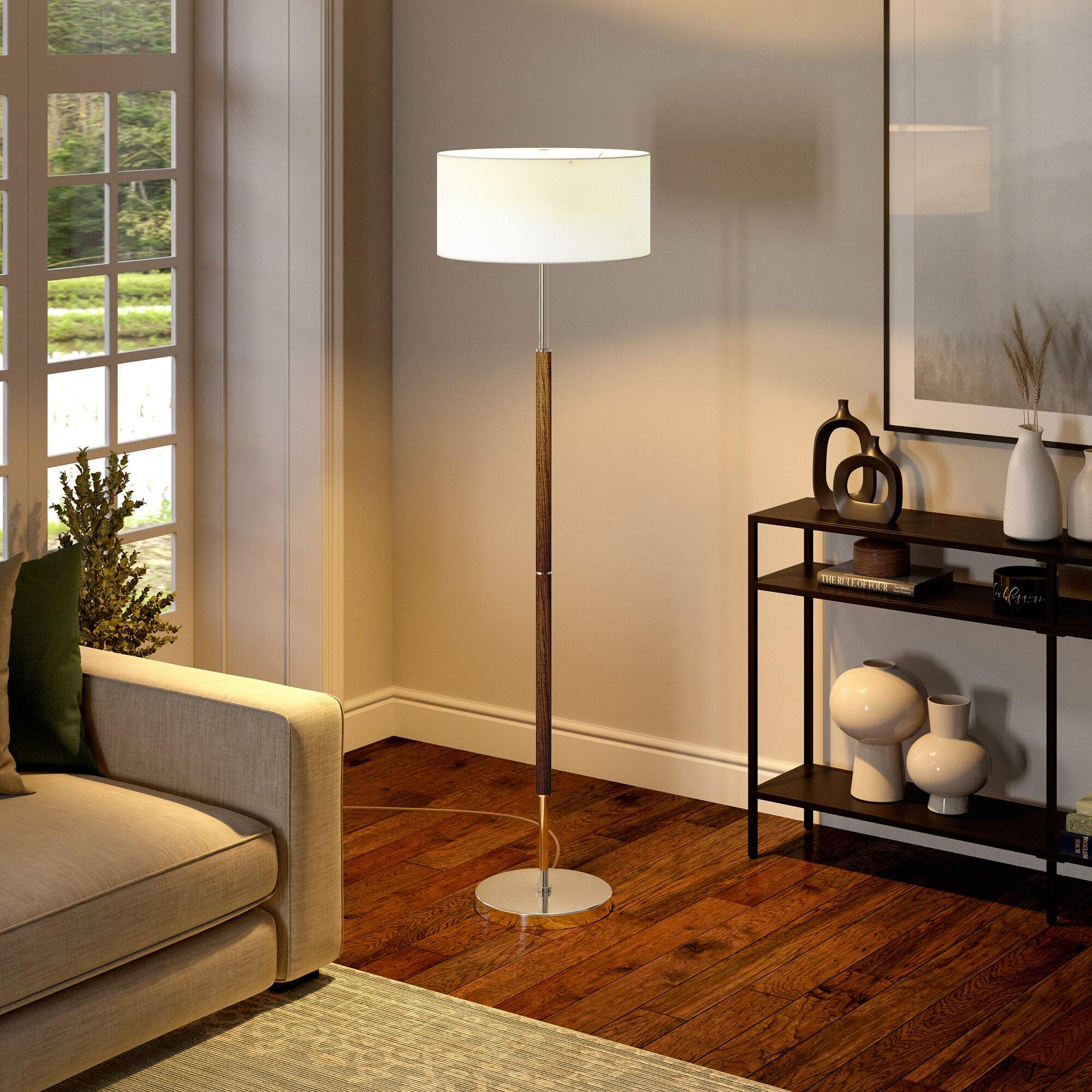 Evelyn&Zoe Simone 2-Light Floor Lamp with Fabric Shade, Rustic Oak/Polished Nickel/White