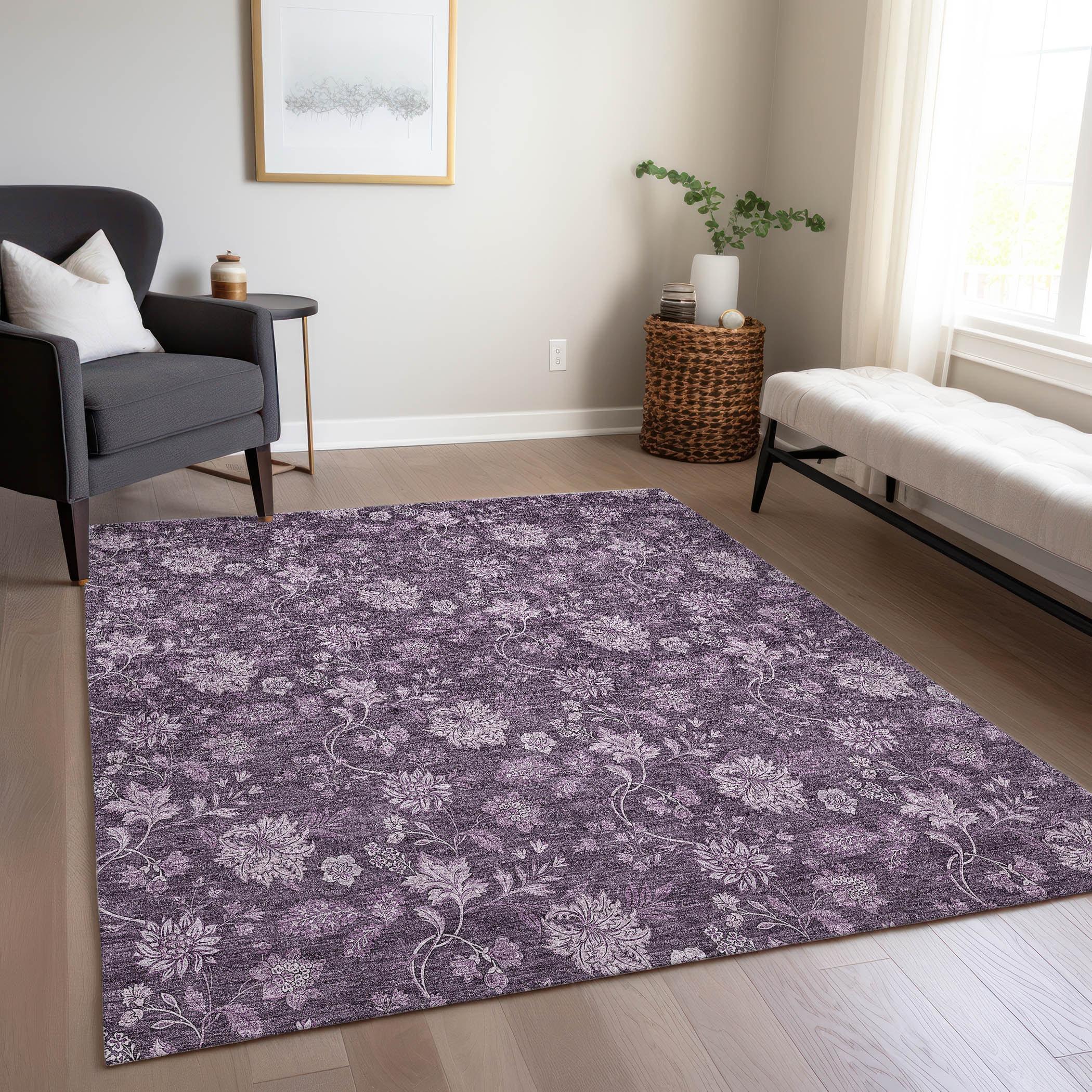 Plum Floral Rectangular Synthetic Indoor/Outdoor Area Rug