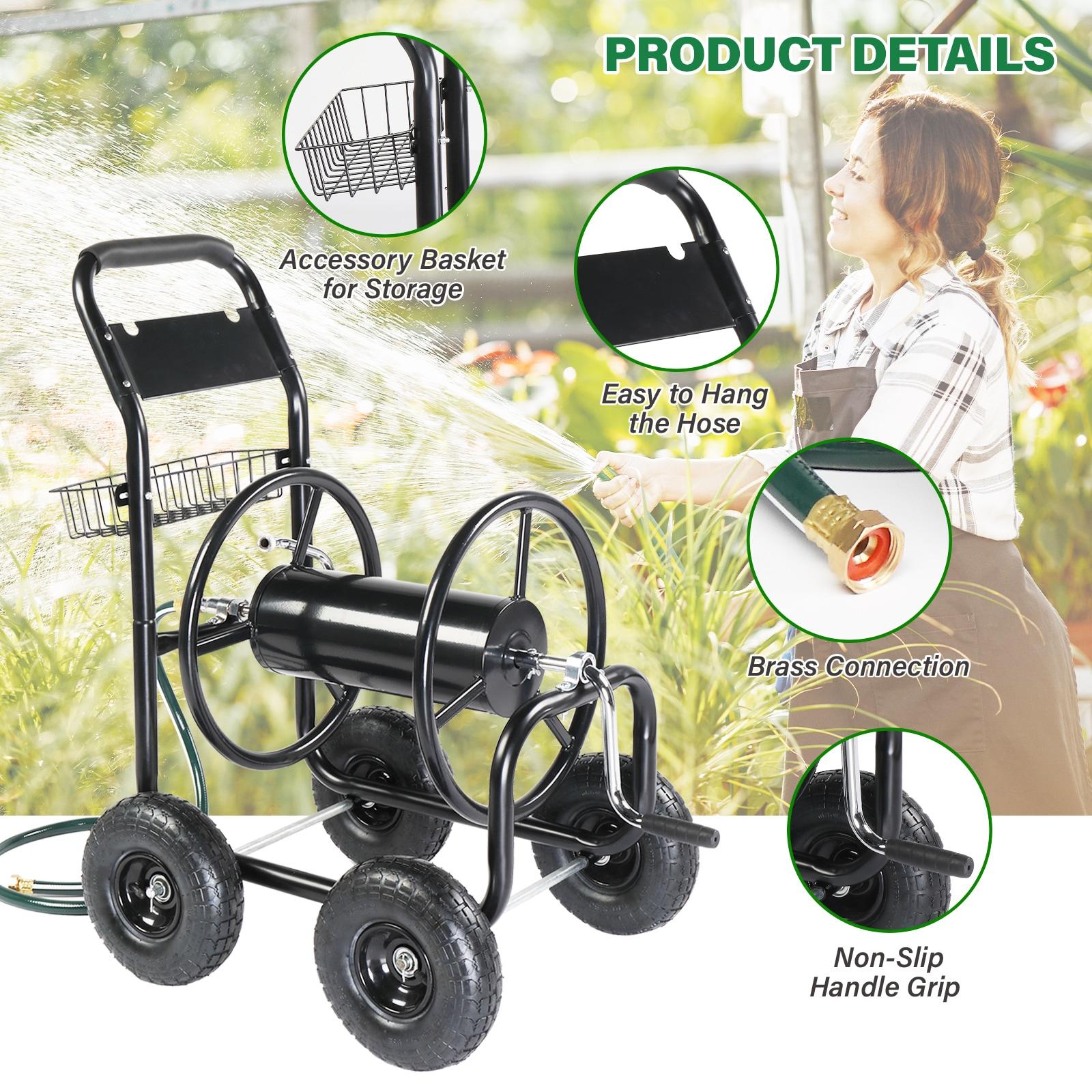 Black Heavy Duty Steel Garden Hose Reel Cart with Wheels