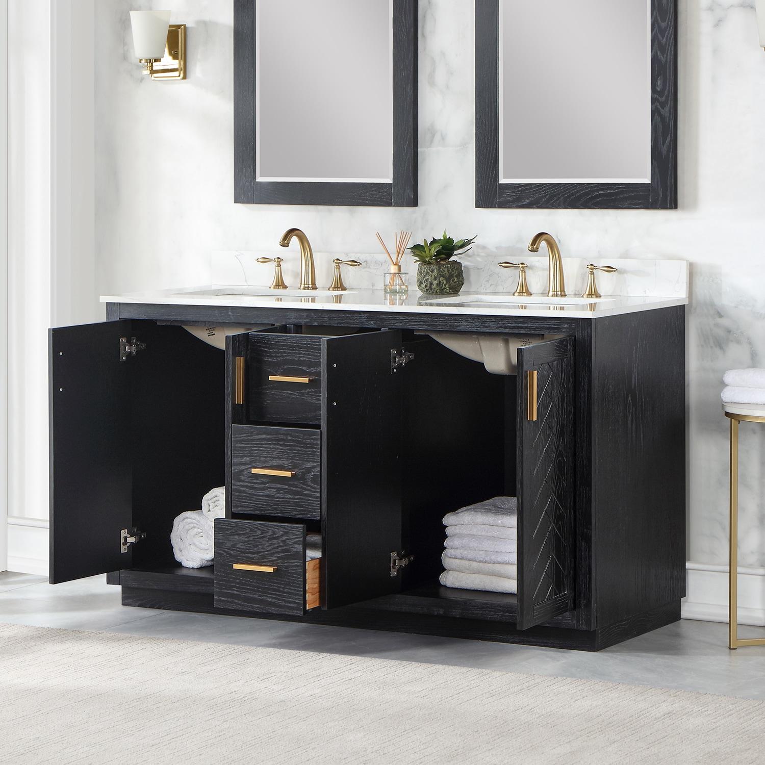 Gazsi 60" Double Bathroom Vanity Set in Black Oak without Mirror