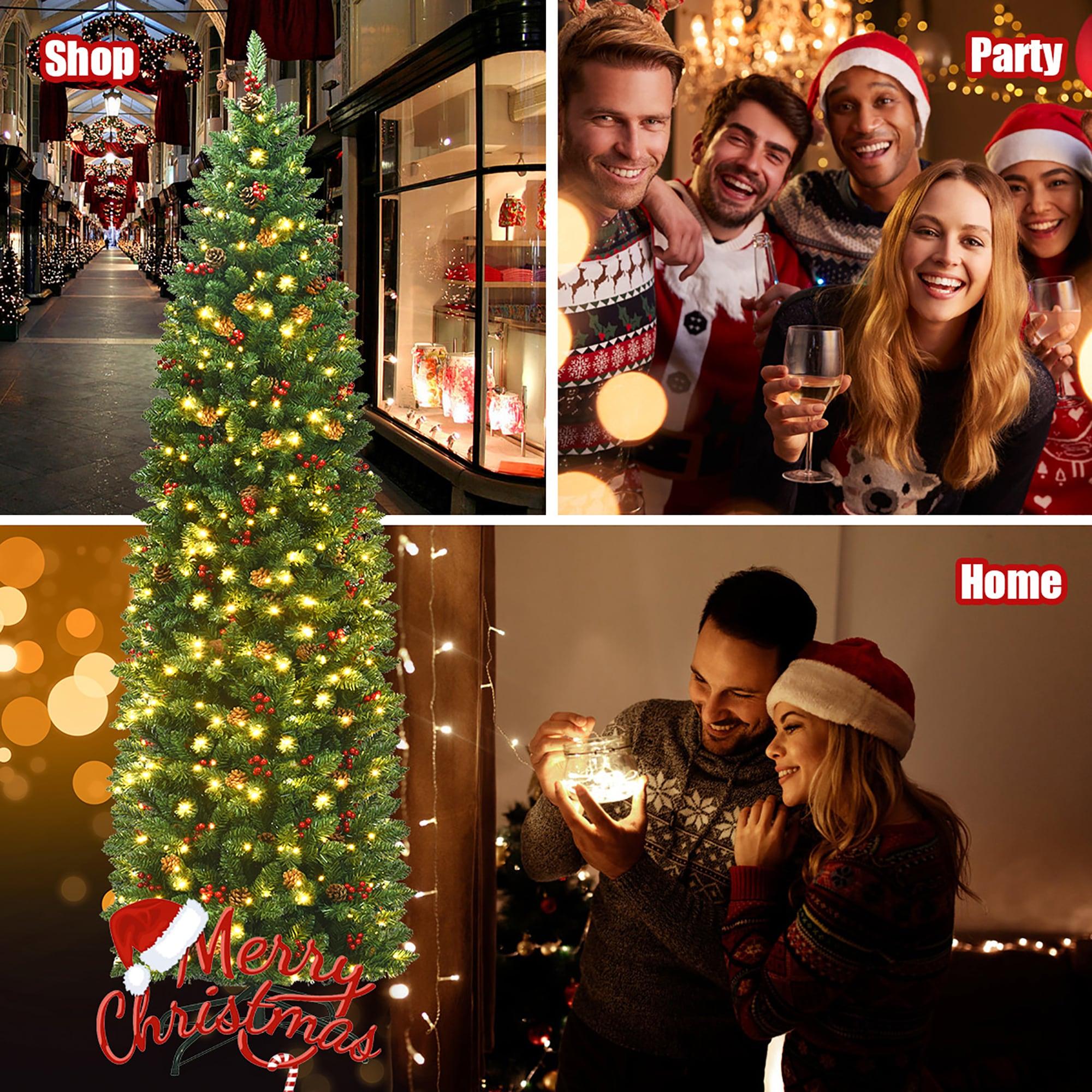 Costway 7.5Ft Pre-lit Hinged Pencil Christmas Tree w/Pine Cones Red Berries & 350 Lights