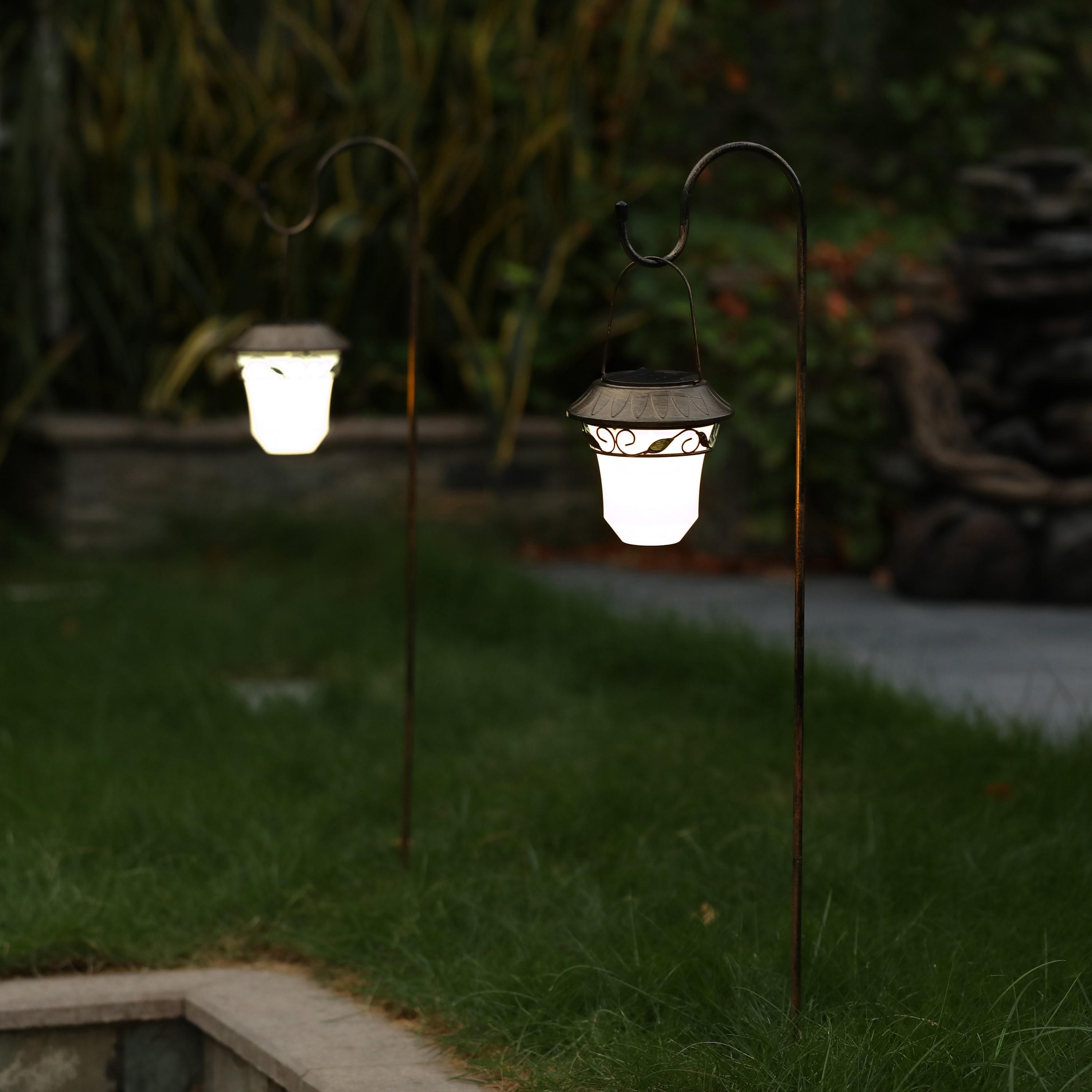 LuxenHome Set of 2 Brown Solar Plastic Lanterns with Metal Shepherd Hooks