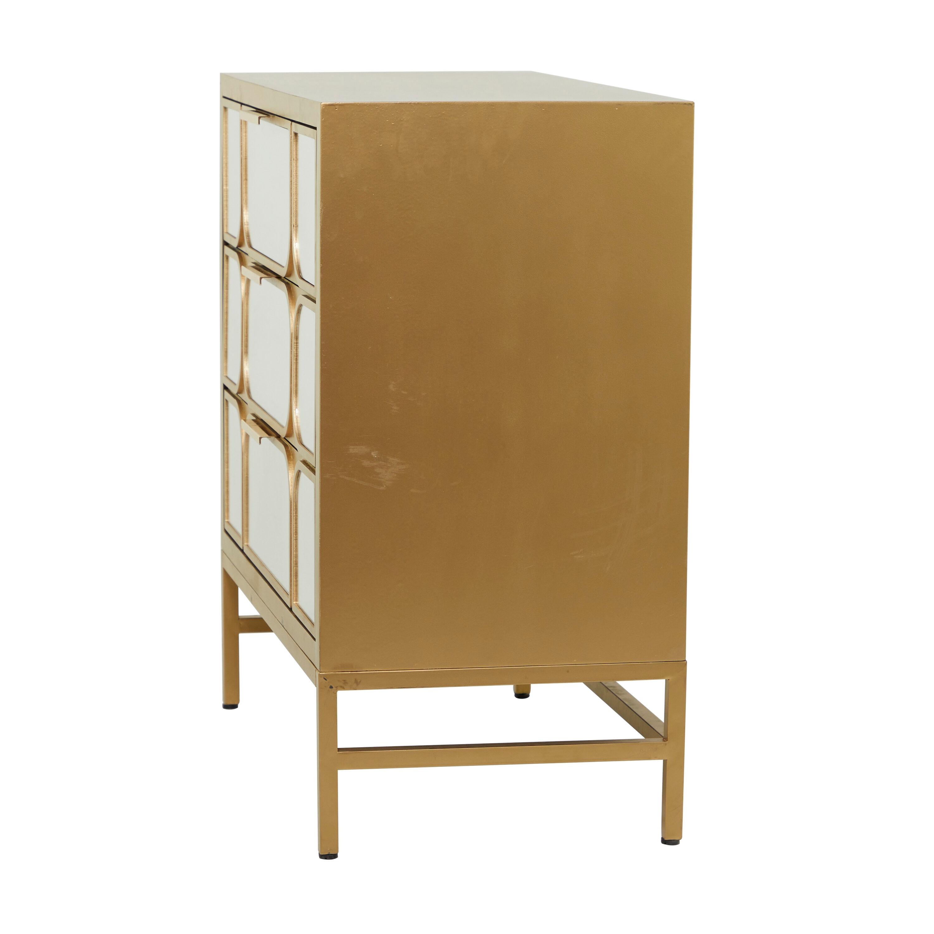 DecMode 32" x 32" Gold Wood 3 Drawer Cabinet with Mirrored Front, 1-Piece
