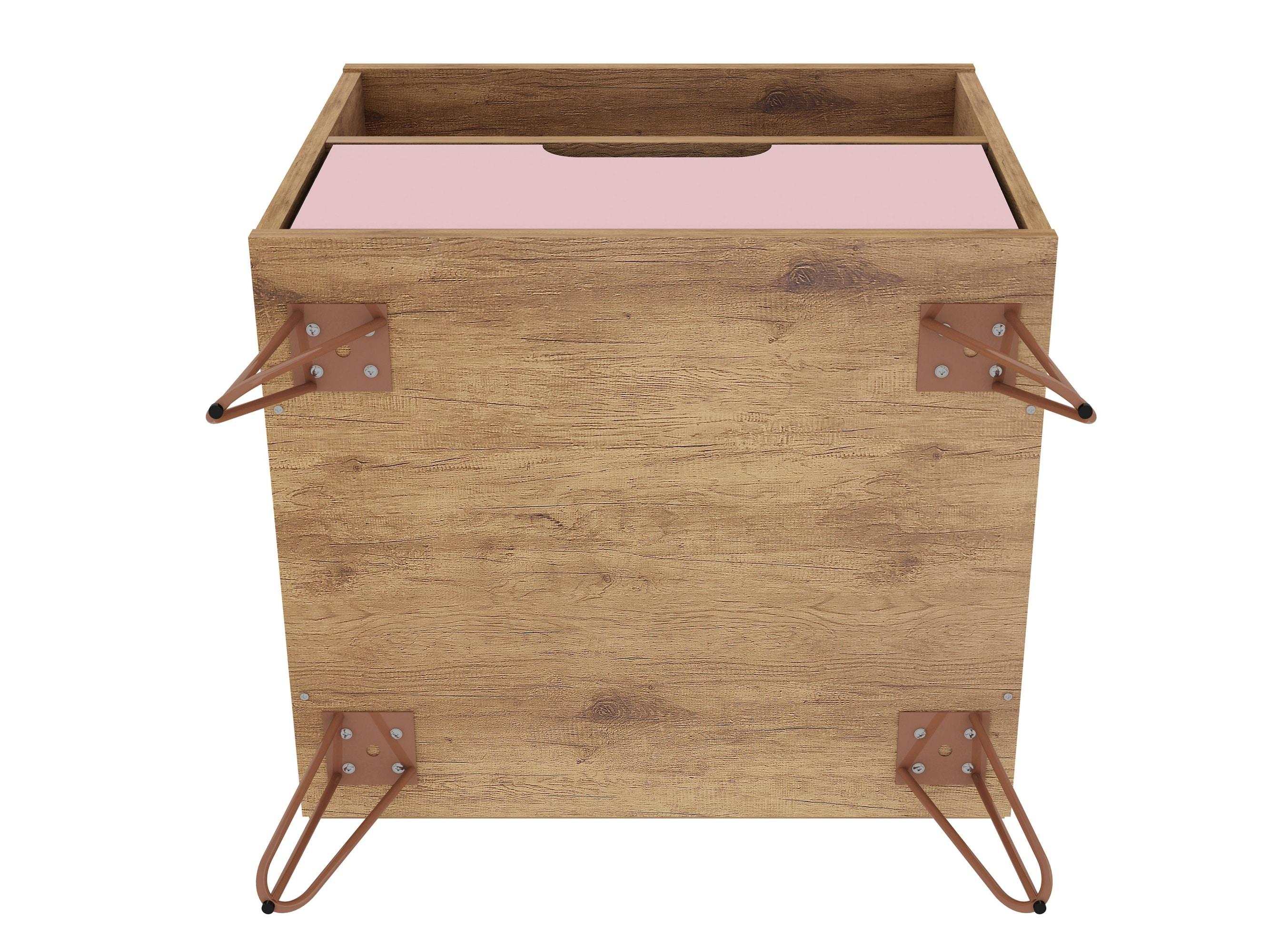 Set of 2 Rockefeller 1 Drawer Nightstands Nature/Rose Pink - Manhattan Comfort: Mid-century Design, Metal Legs, MDF