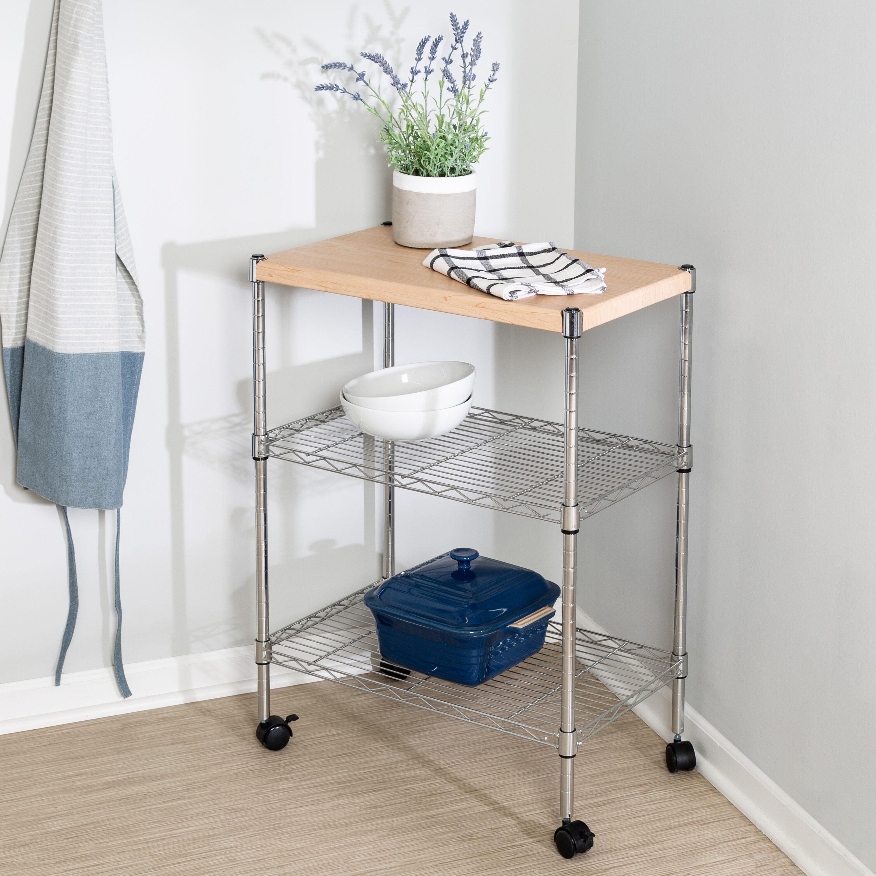 Honey-Can-Do 3-Tier Wood and Steel Rolling 23.23" L Kitchen Storage Cart, Chrome/Natural