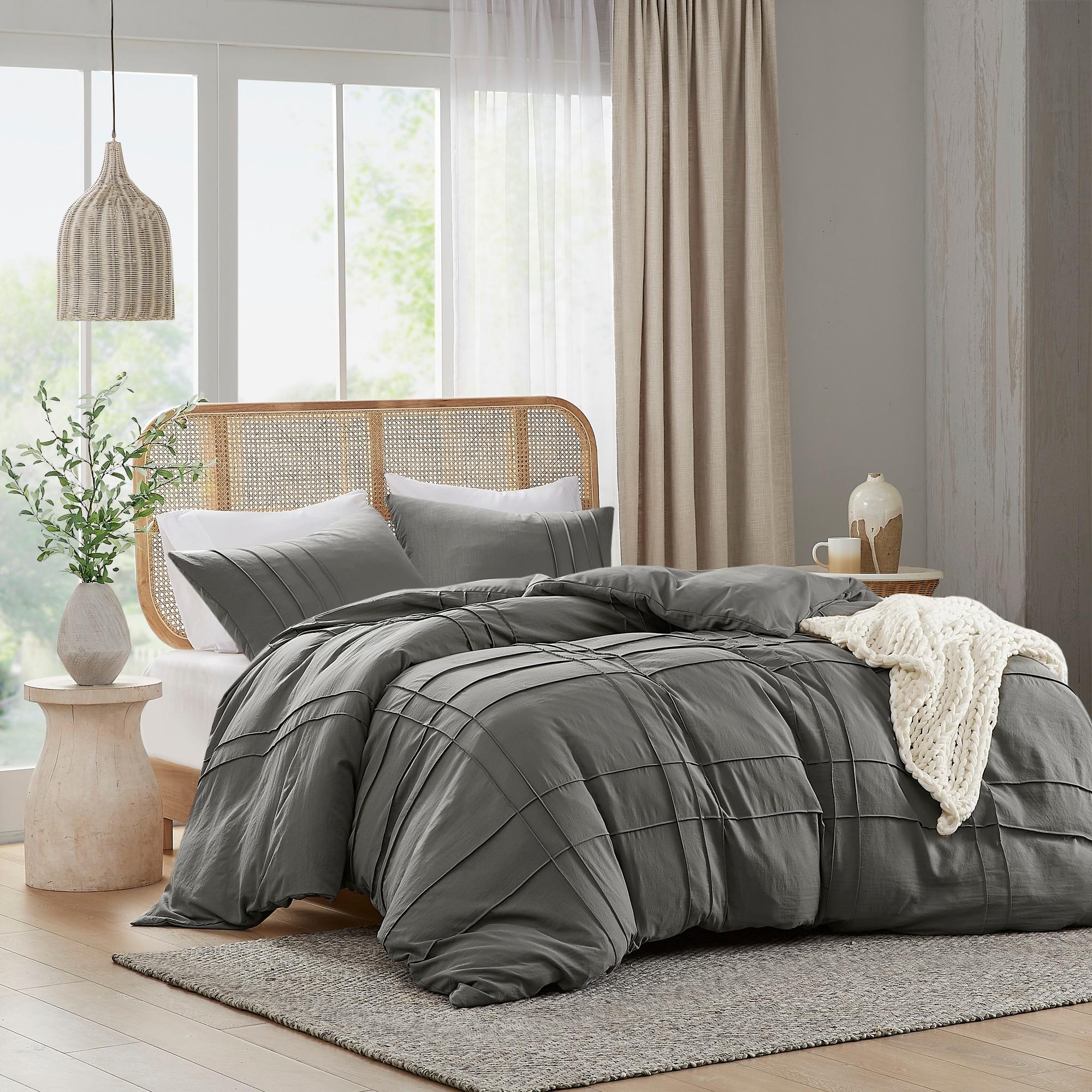 Comfort Spaces Grey Twin Size Duvet Cover Set - 2 Pieces Pintuck Pleated Duvet Cover All Season Lightweight, Extra Softness Pre-Washed Microfiber Twin Bedding Cover Shams, Twin/Twin XL