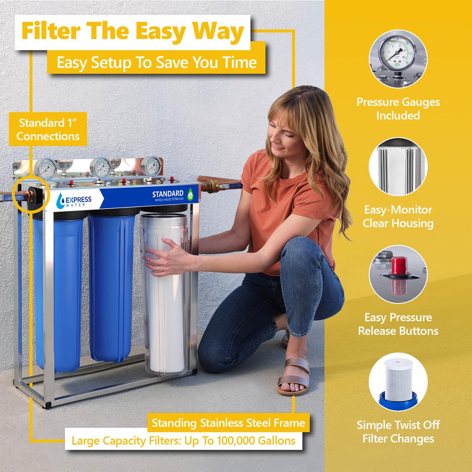 Express Water Whole House Water Filter – 3 Stage Home Water Filtration System – Sediment, Charcoal, Carbon Filters – includes Pressure Gauges, Easy Release, and 1” Inch Connections