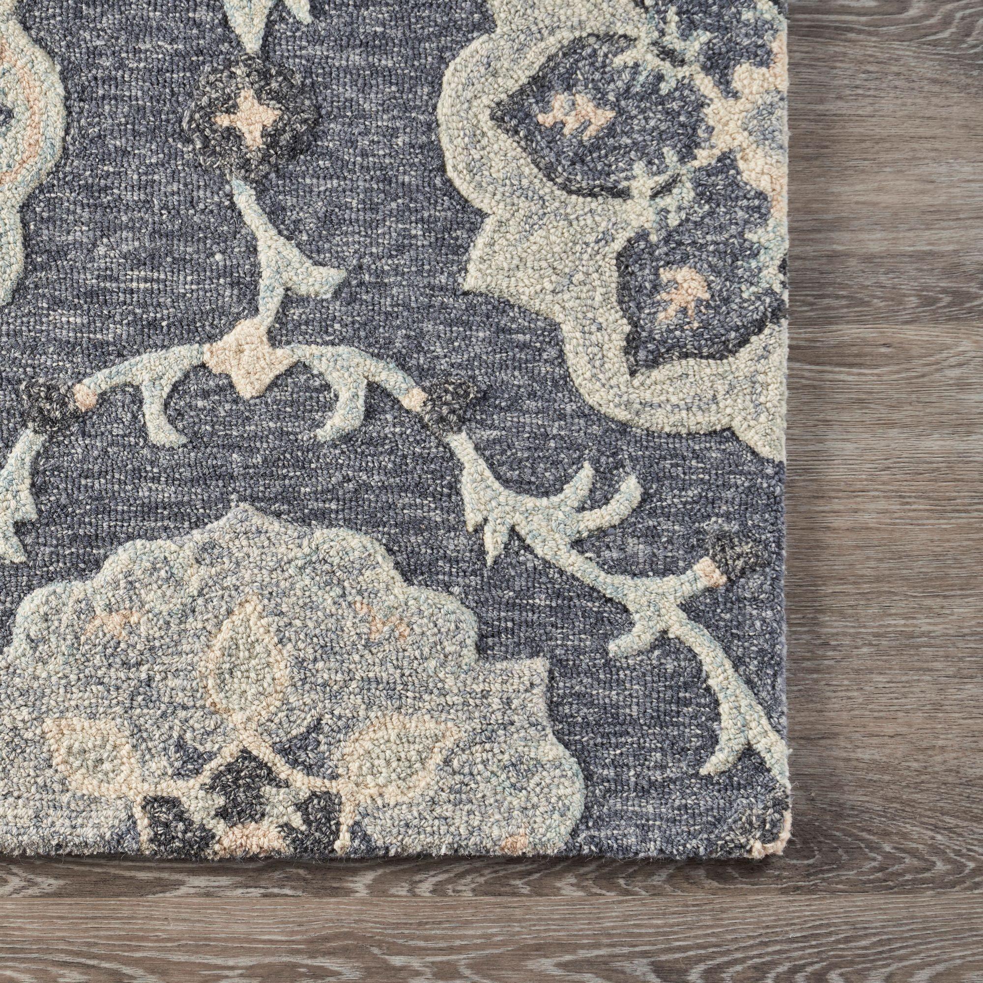 LR Home Aiden 7' x 9' Blue and Gray Floral Wool Indoor Area Rug