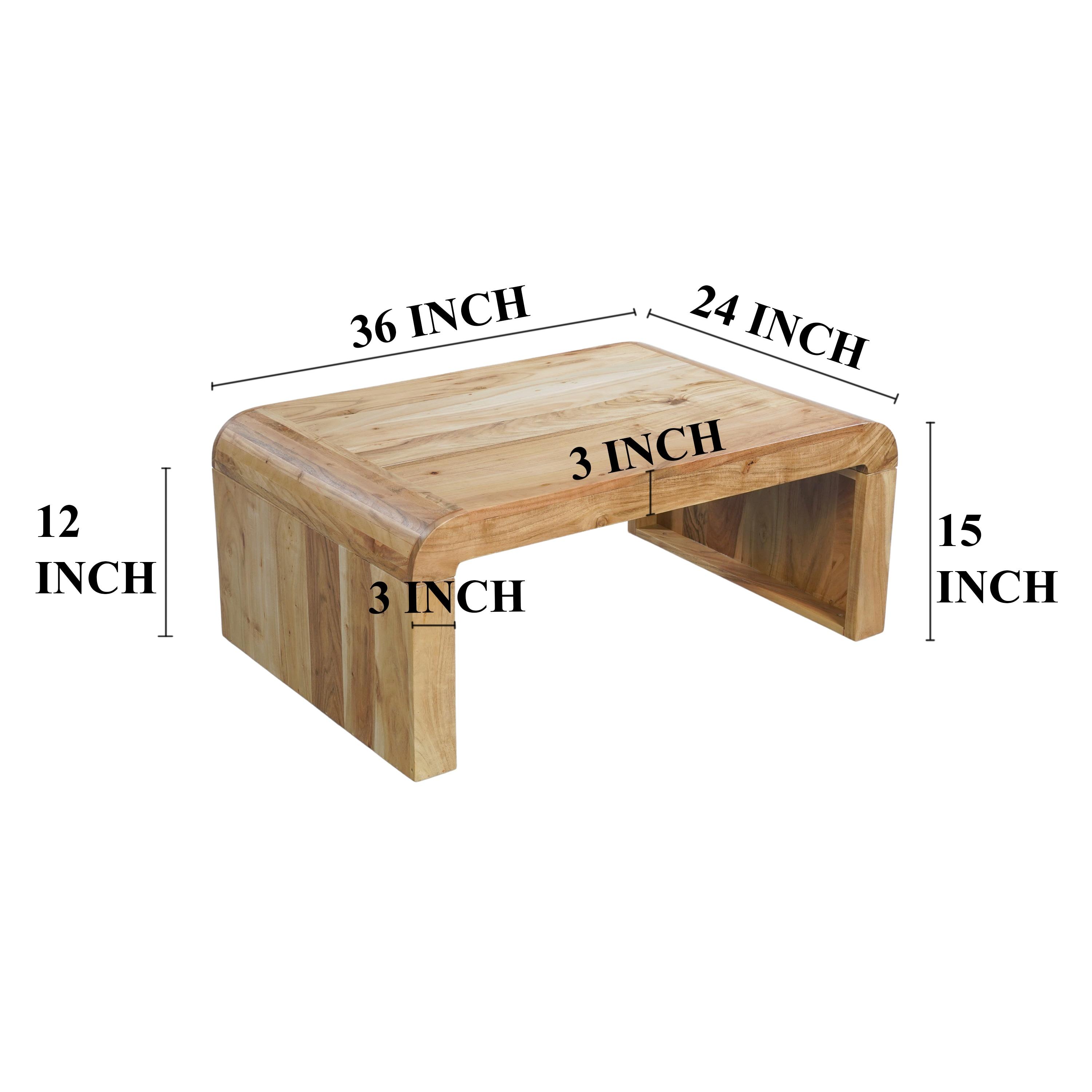The Urban Port UPT-314336 36 in. Cascade Natural Acacia Wood Rectangular Curved Waterfall Top Coffee Table, Brown