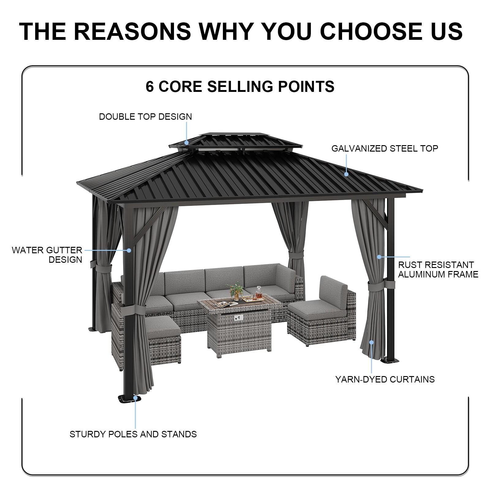 Sunmthink 10x12 ft. Hardtop Gazebo with Mosquite Netting, Double Metal Roof for Lawn and Garden, Brown