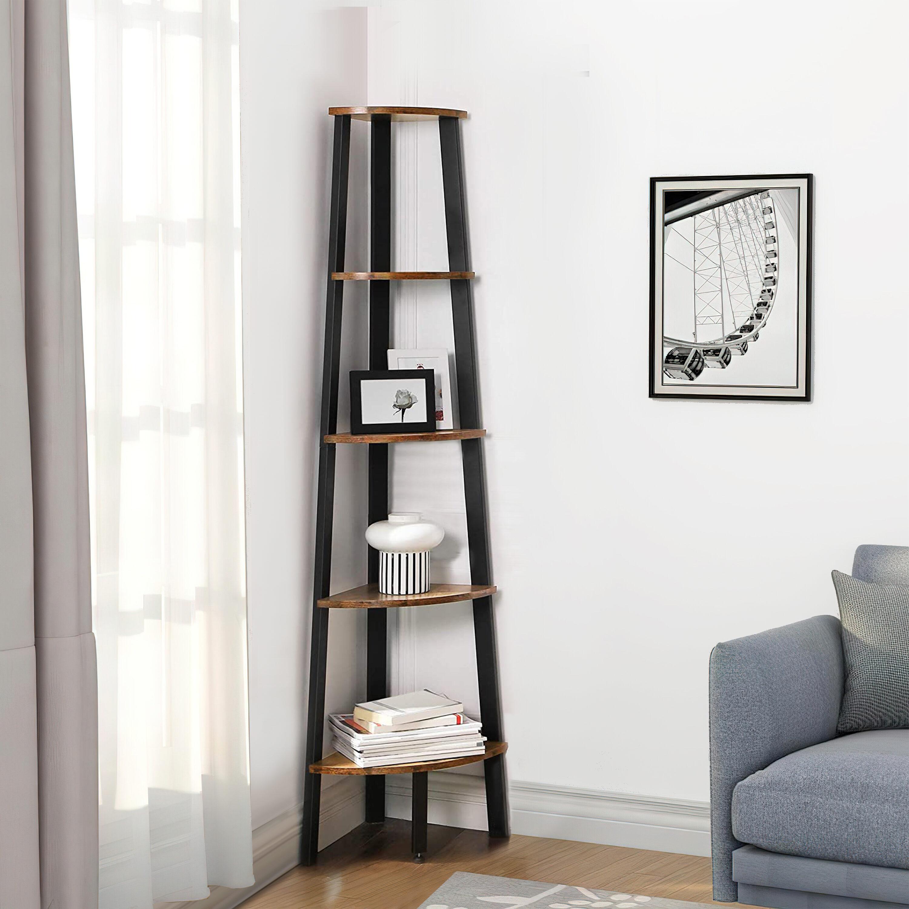 63 Inch Corner Bookcase 5 Tier Shelves, Ladder Storage, Rustic Brown, Black - Saltoro Sherpi