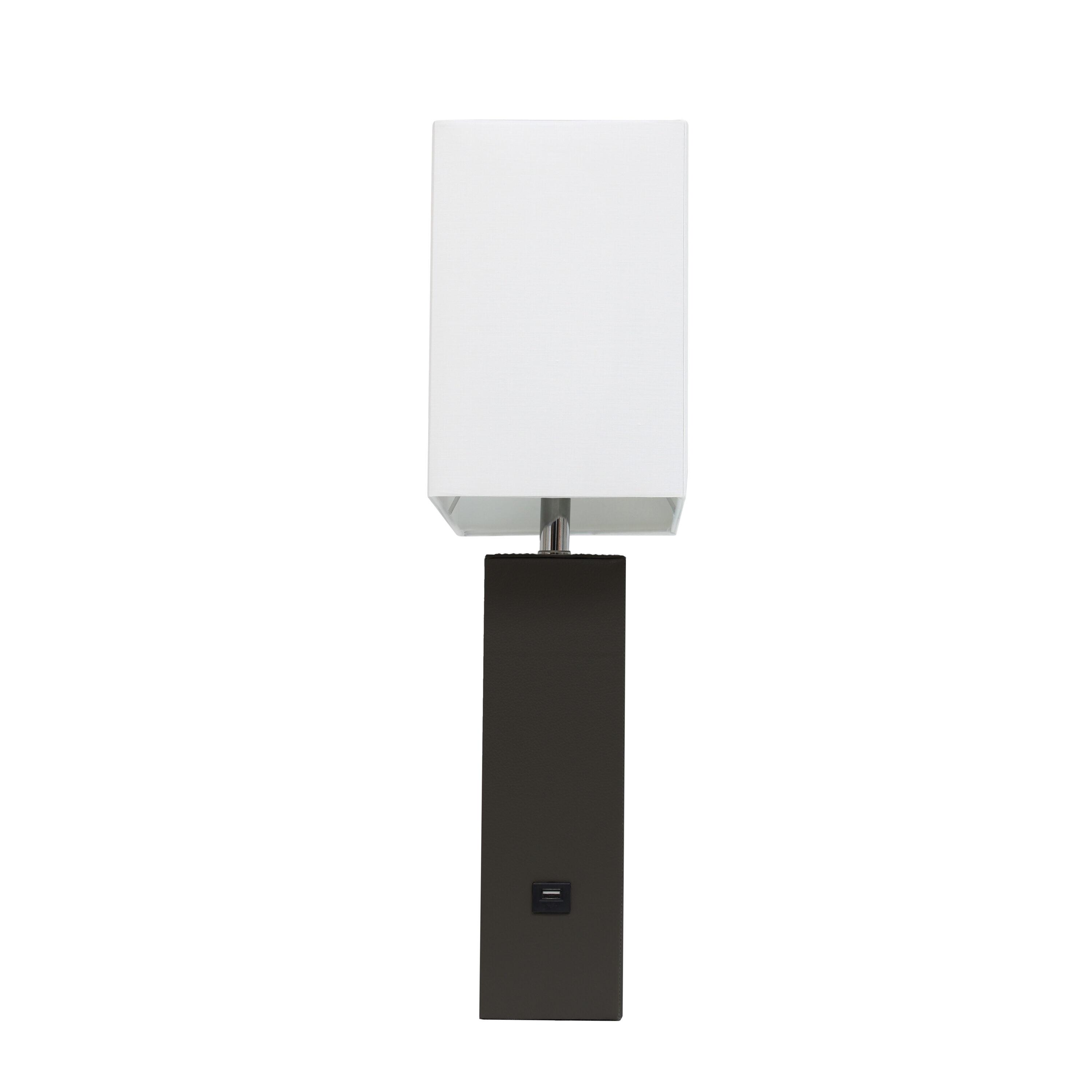 Lalia Home 21" Lexington Leather Base Modern Home Decor Bedside Table Lamp with USB Charging Port and Fabric Shade Black/White: UL Listed
