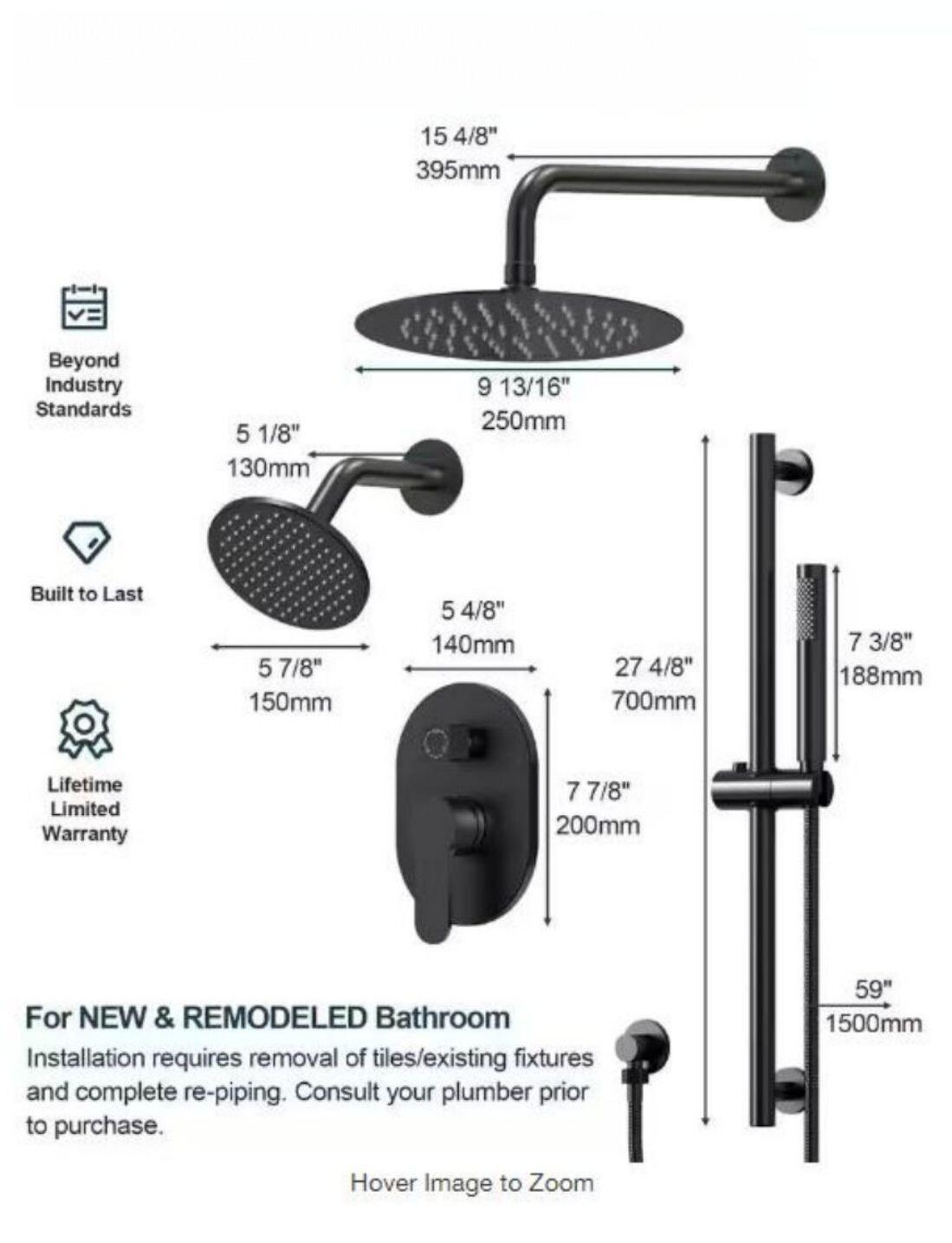 GRANDJOY Complete Shower System, 10" and 6" Dual Wall Mount Rain Shower Faucets with Handheld Shower Spray, High Pressure in Matte Black