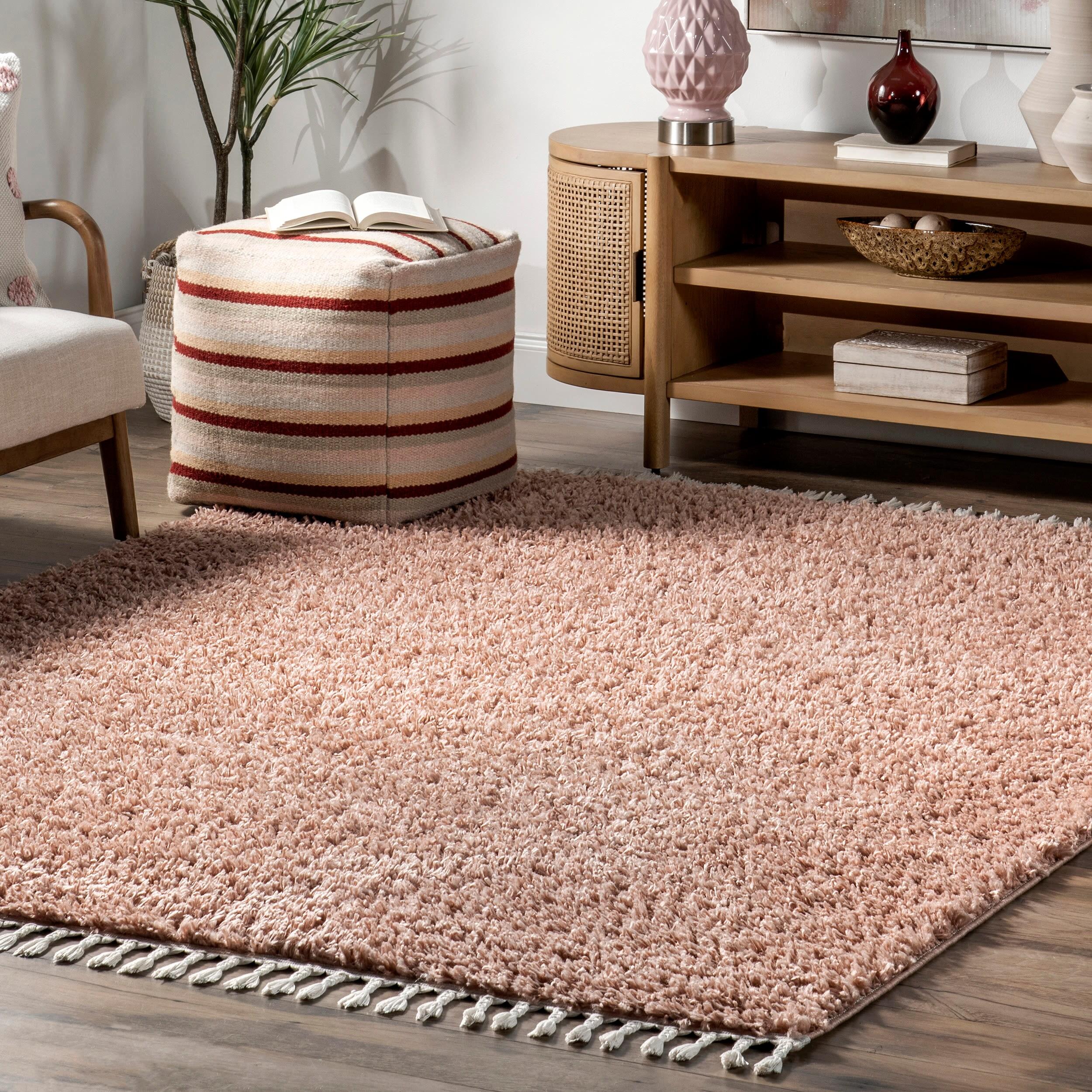 Bohemian Bliss Pink Tasseled Shag Oval Rug, 79" Easy Care