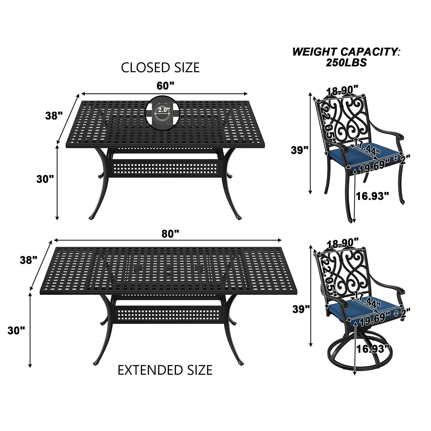 Black Cast Aluminum 6-Person Outdoor Dining Set with Blue Cushions
