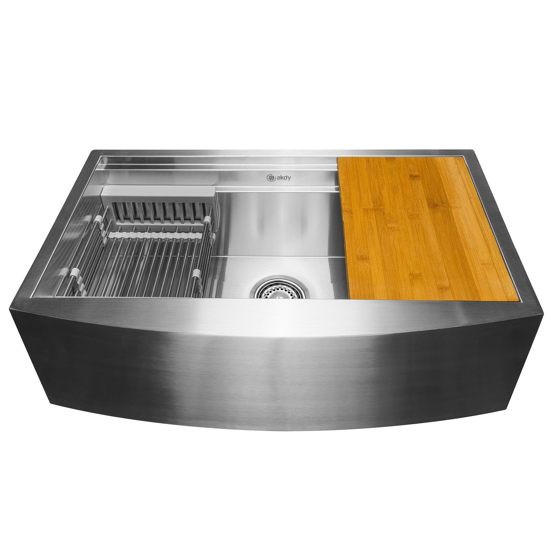 AKDY Farmhouse Apron Front 33-in x 22-in Brushed Stainless Steel Single Bowl Workstation Kitchen Sink