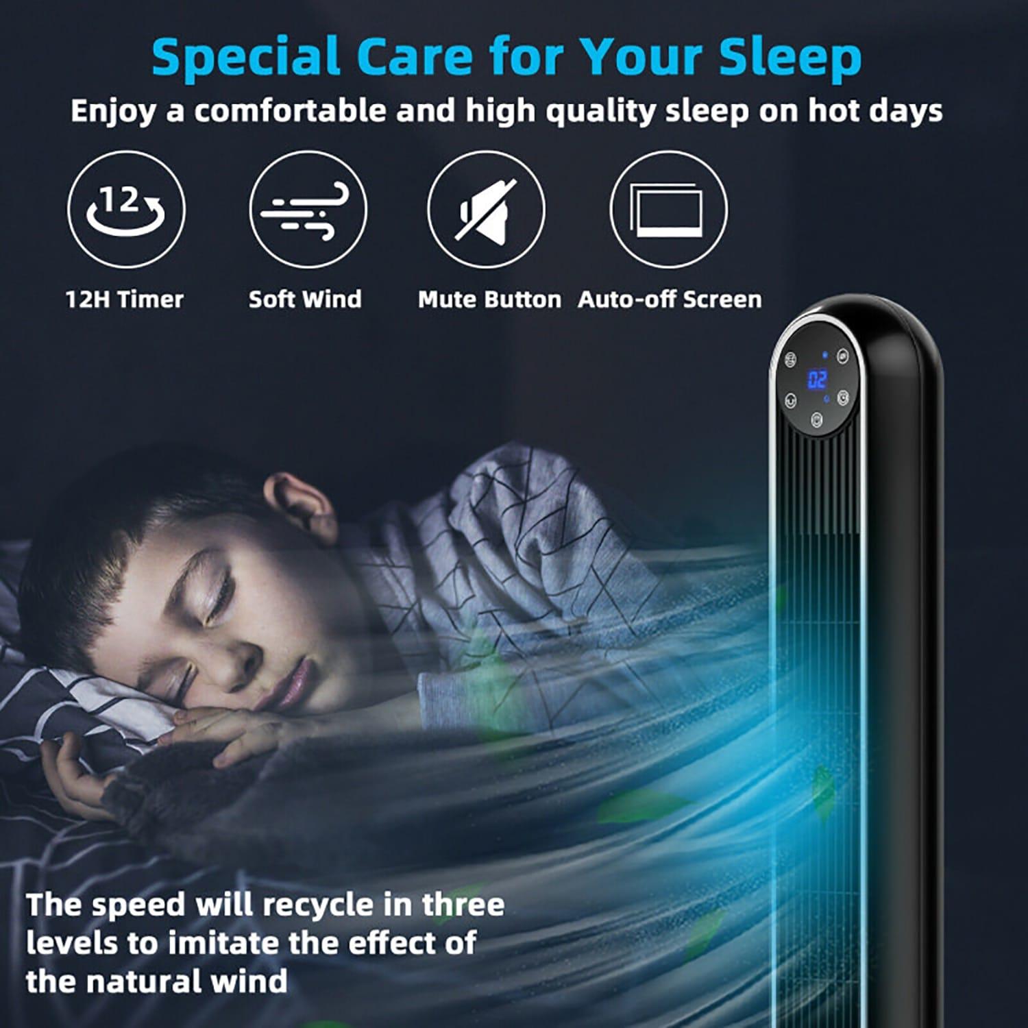 Spaco 42 Inch 80 Degree Tower Fan with Smart Display Panel and Remote Control-Black, Tower Fan, Oscillating Tower Fan, Quiet Cooling Whole Room Bladeless