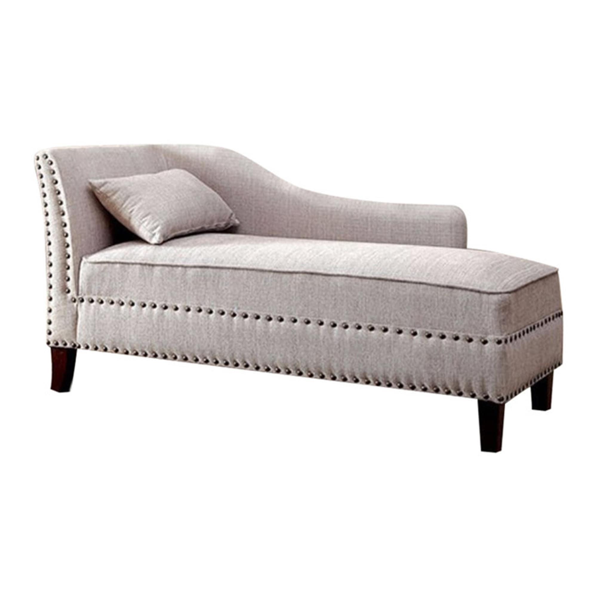 Elegant Beige Linen and Wood Chaise Lounge with Nailhead Accents