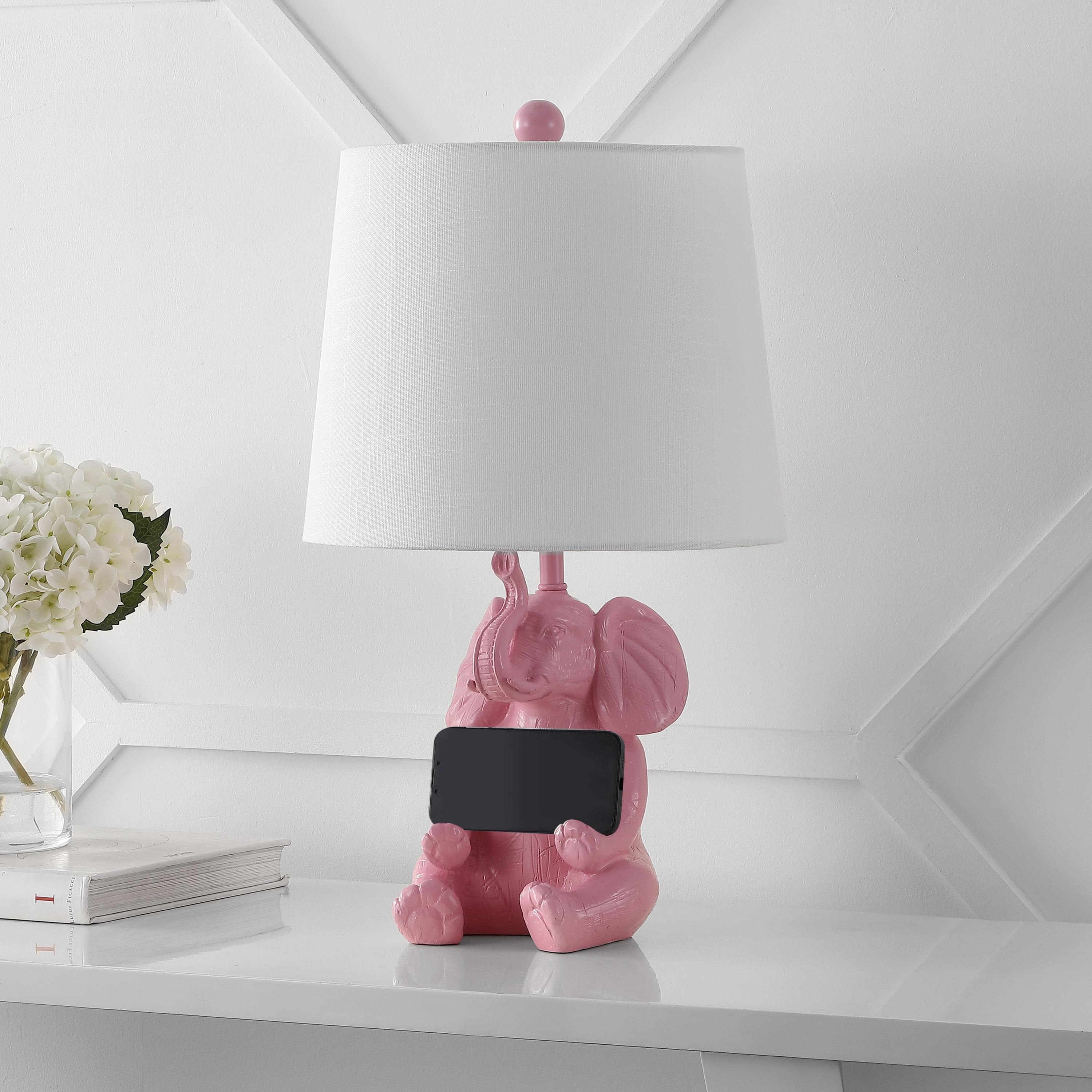 Kairi 21" Modern Shabby Chic Resin/Iron Happy Elephant LED Kids' Table Lamp with Phone Stand, Pink