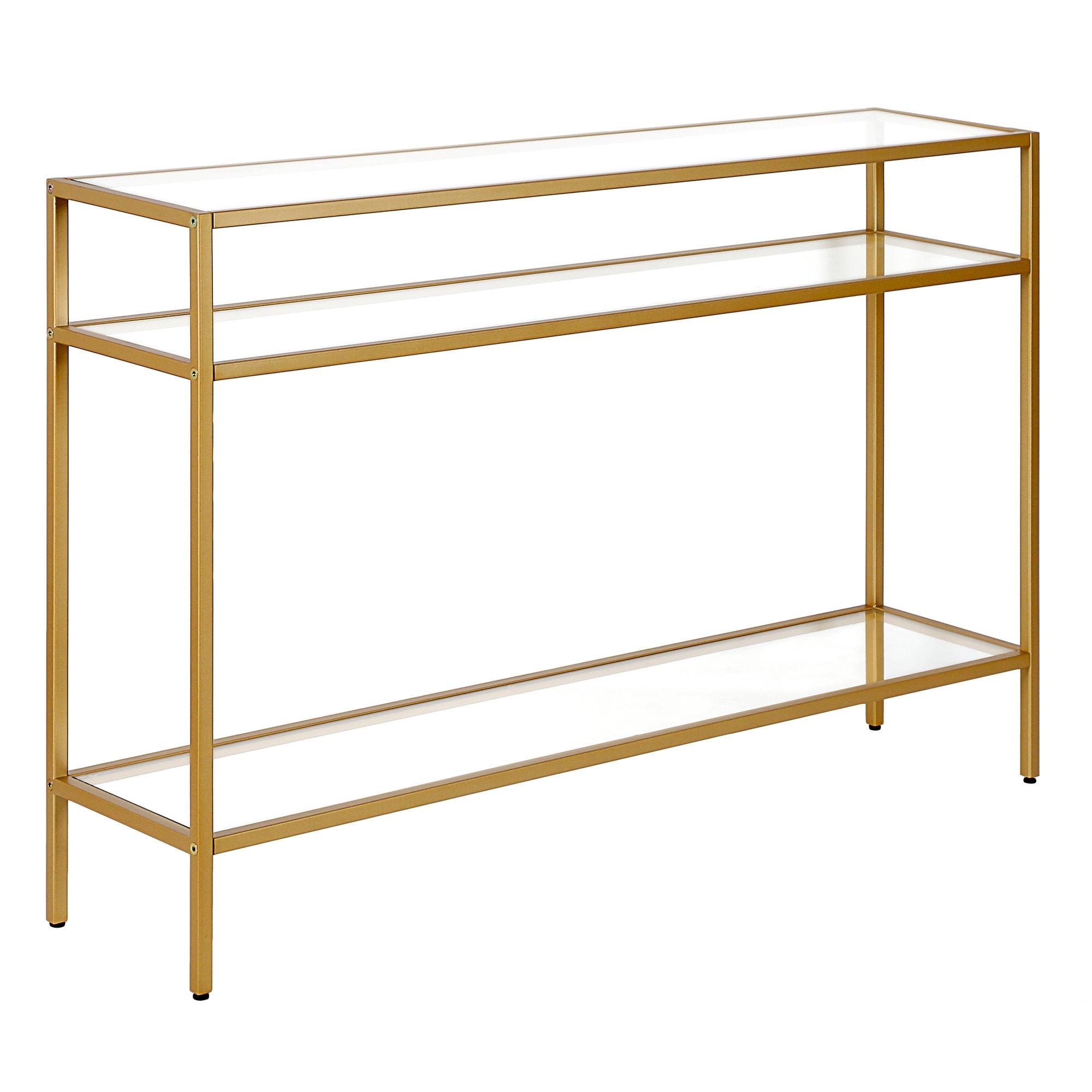 Siviline Brass Finish Steel Frame Console Table with Glass Shelves