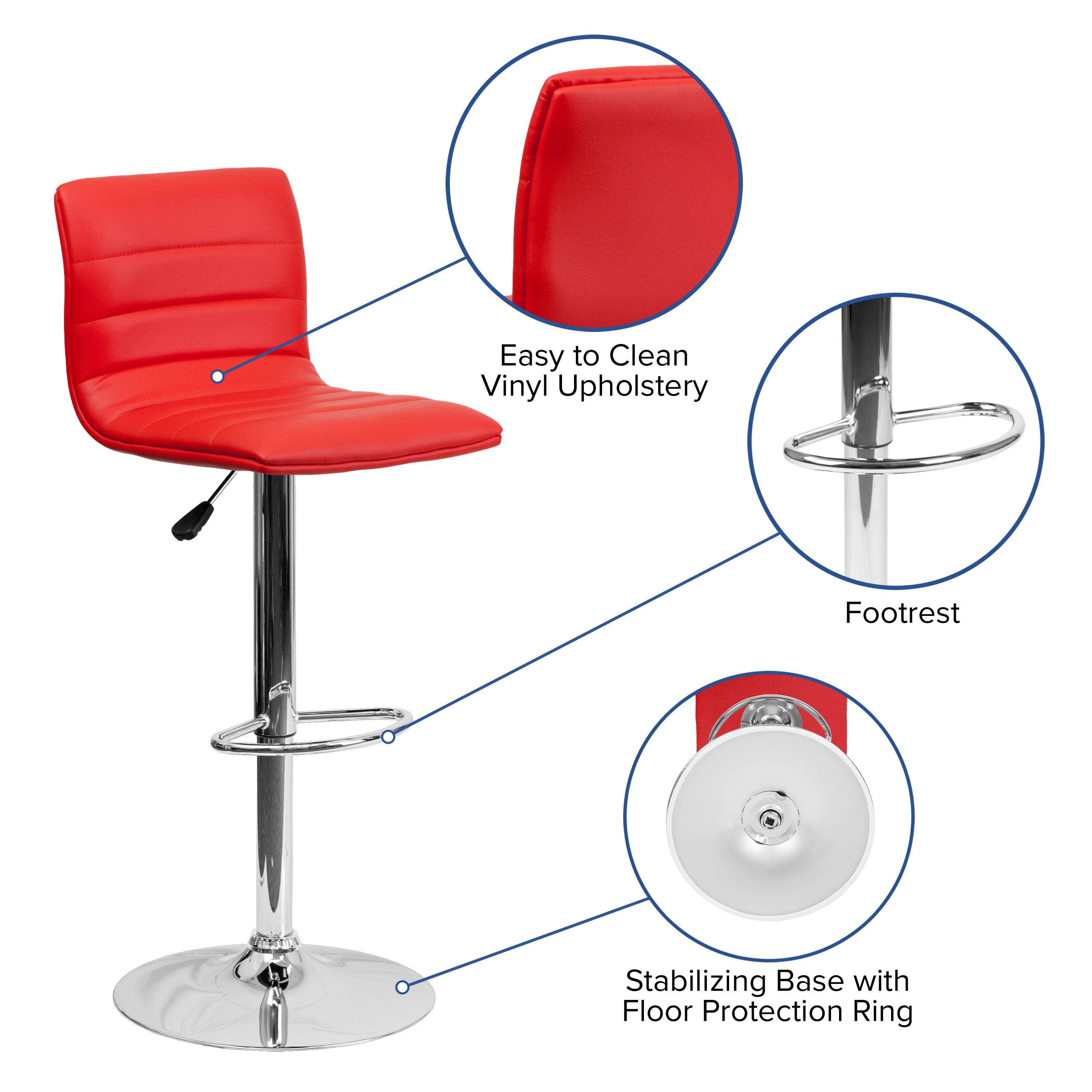 Flash Furniture Modern Red Vinyl Adjustable Bar Stool with Back, Counter Height Swivel Stool with Chrome Pedestal Base