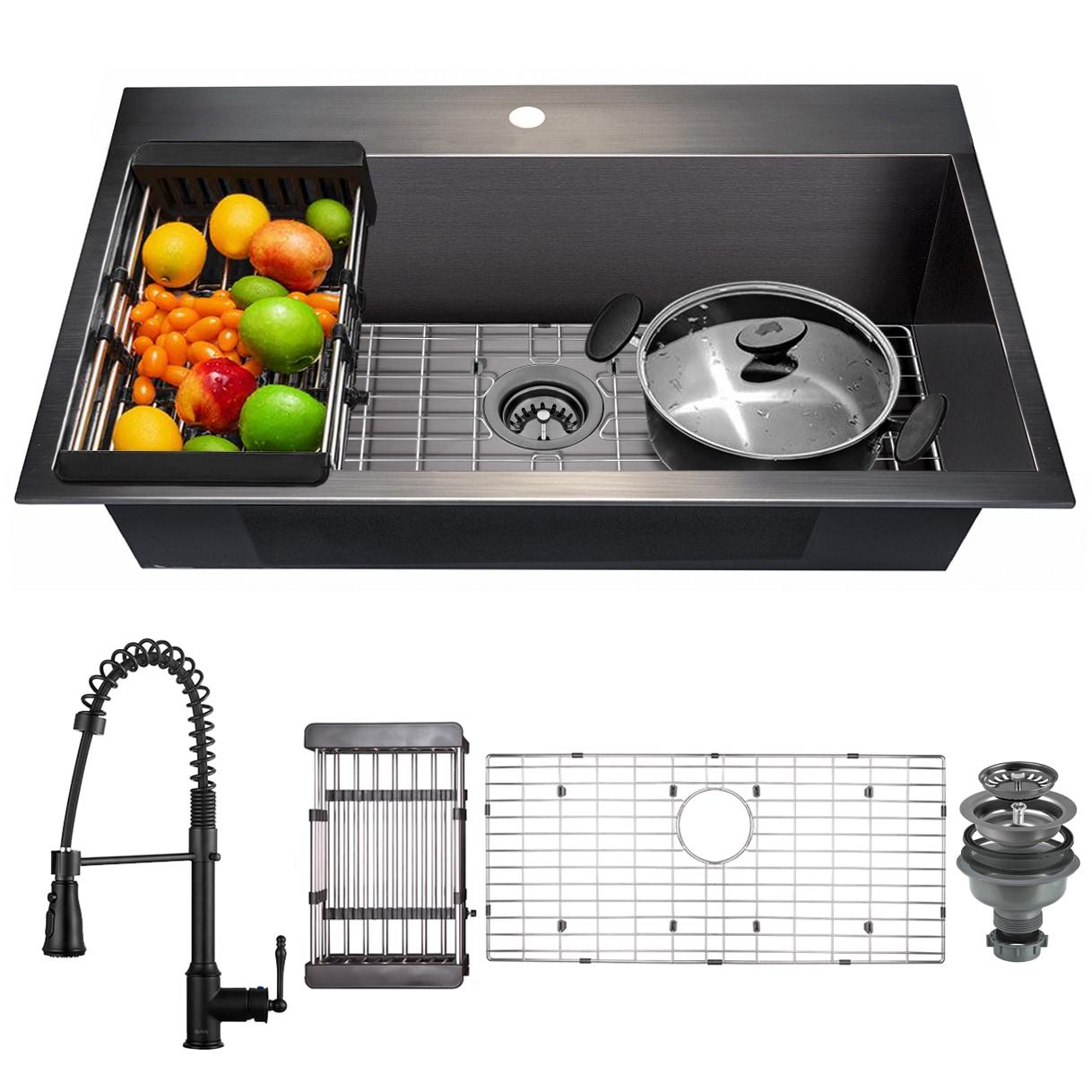 Drop-In 33-in x 22-in Gunmetal Black Stainless Steel Single Bowl 1-Hole Kitchen Sink All-in-one Kit