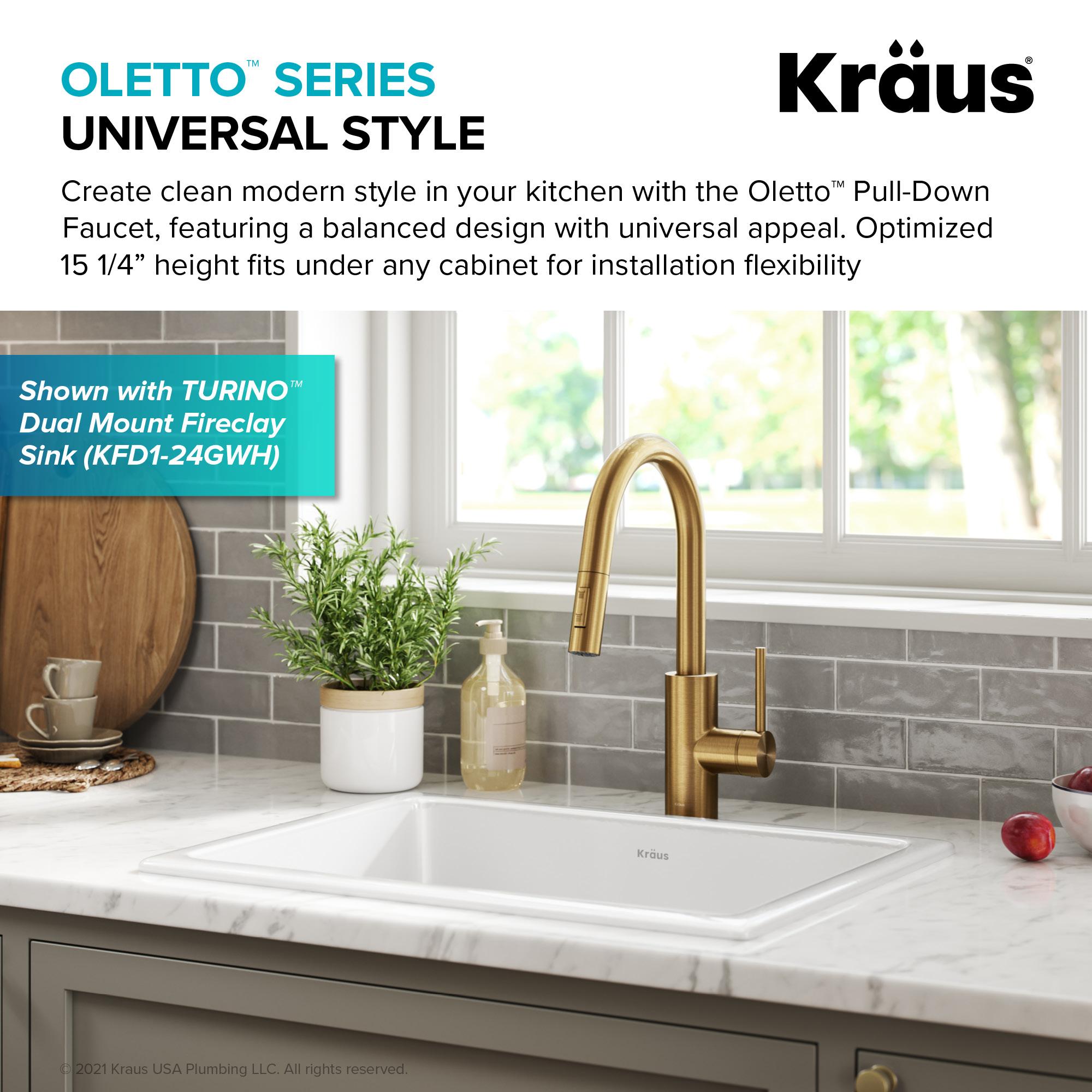 KRAUS Oletto Single Handle Pull Down Kitchen Faucet with QuickDock Top Mount Installation Assembly