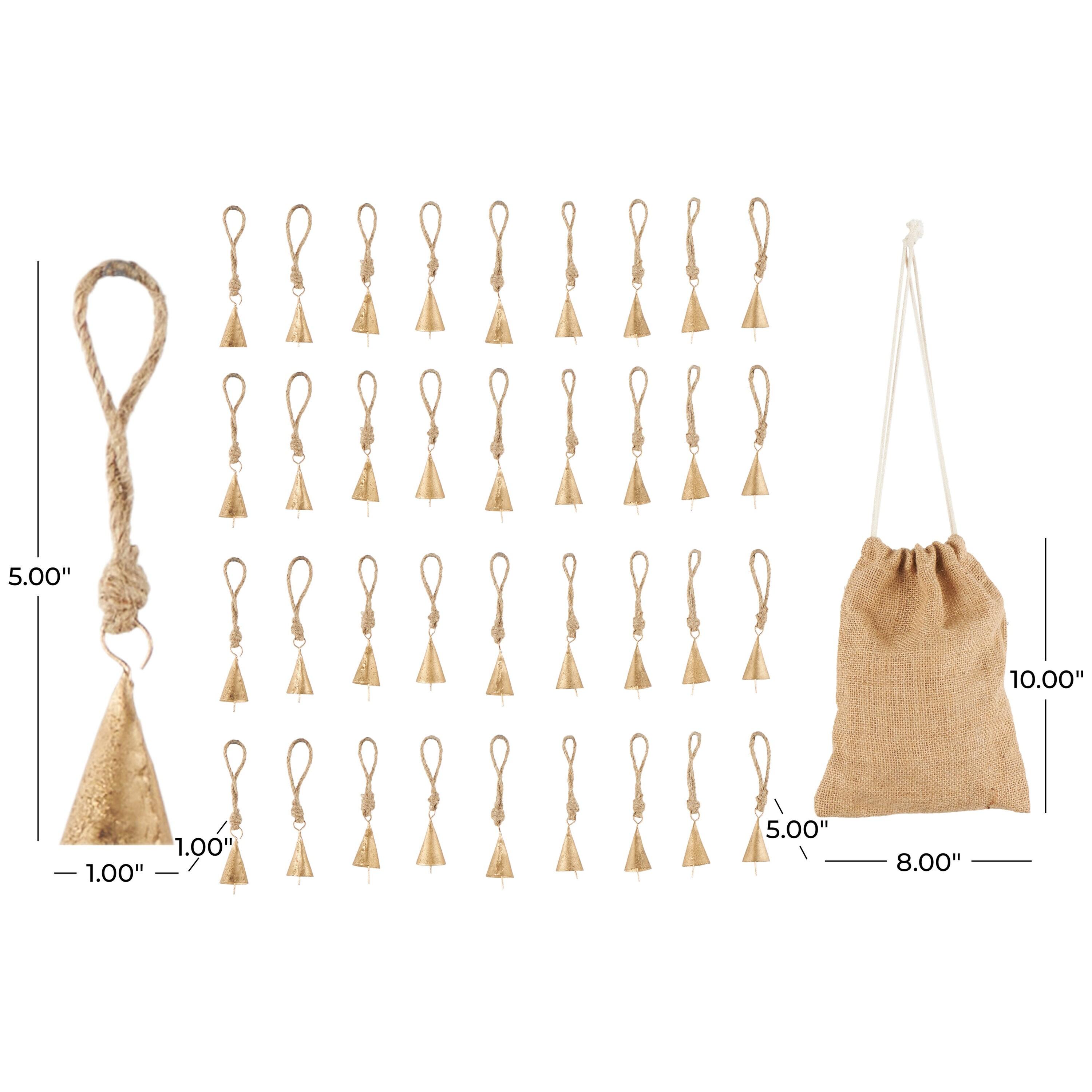 Rosalind Wheeler Metal Tibetan Inspired Indoor Outdoor Gold Decorative Bells With Brown Jute Rope And Canvas Drawstring Tote Set (Set of 36)