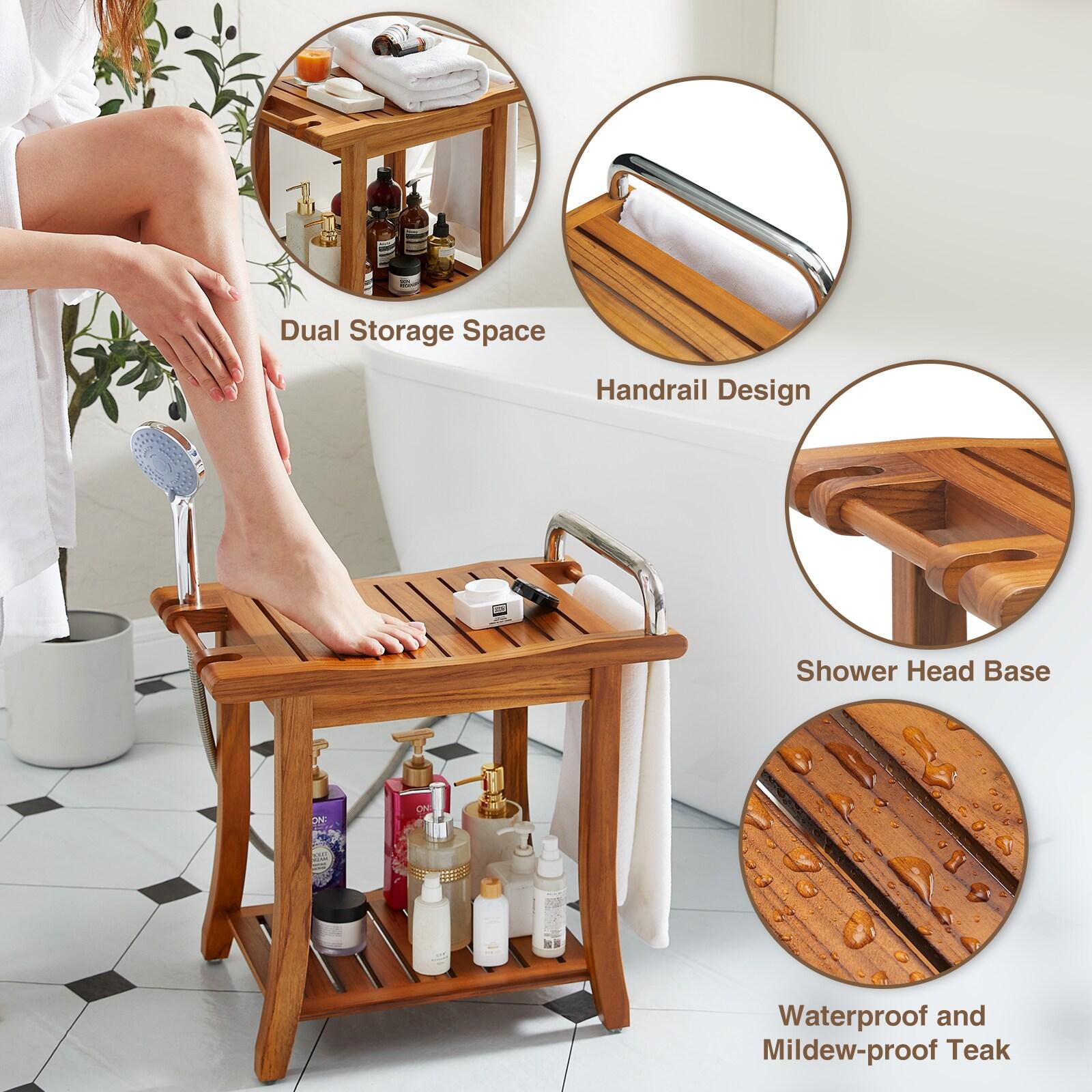 Utopia Alley 20'' Teak Shower Bench with Handle, Large Teak Shower Stool for Bathroom, Waterproof Bathroom Bench - Teak Shower Stool