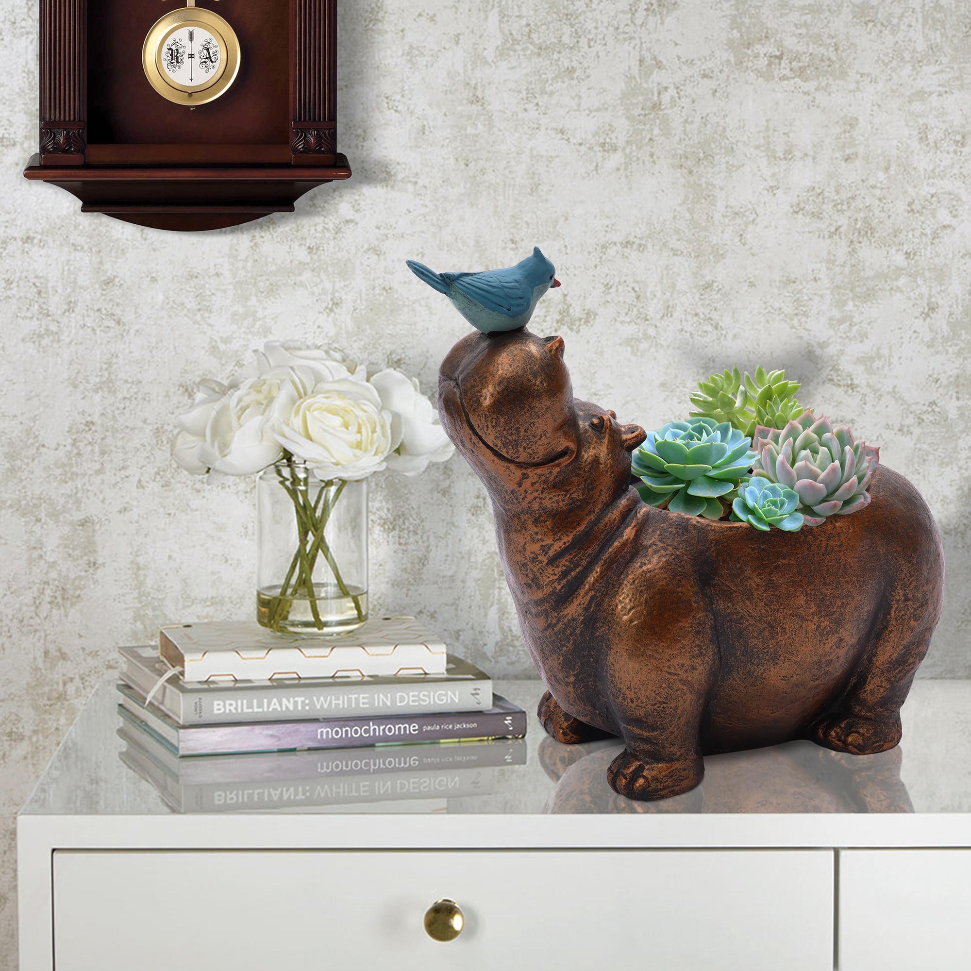 LuxenHome Brown Hippo and Blue Bird MgO Flower Pot Planter