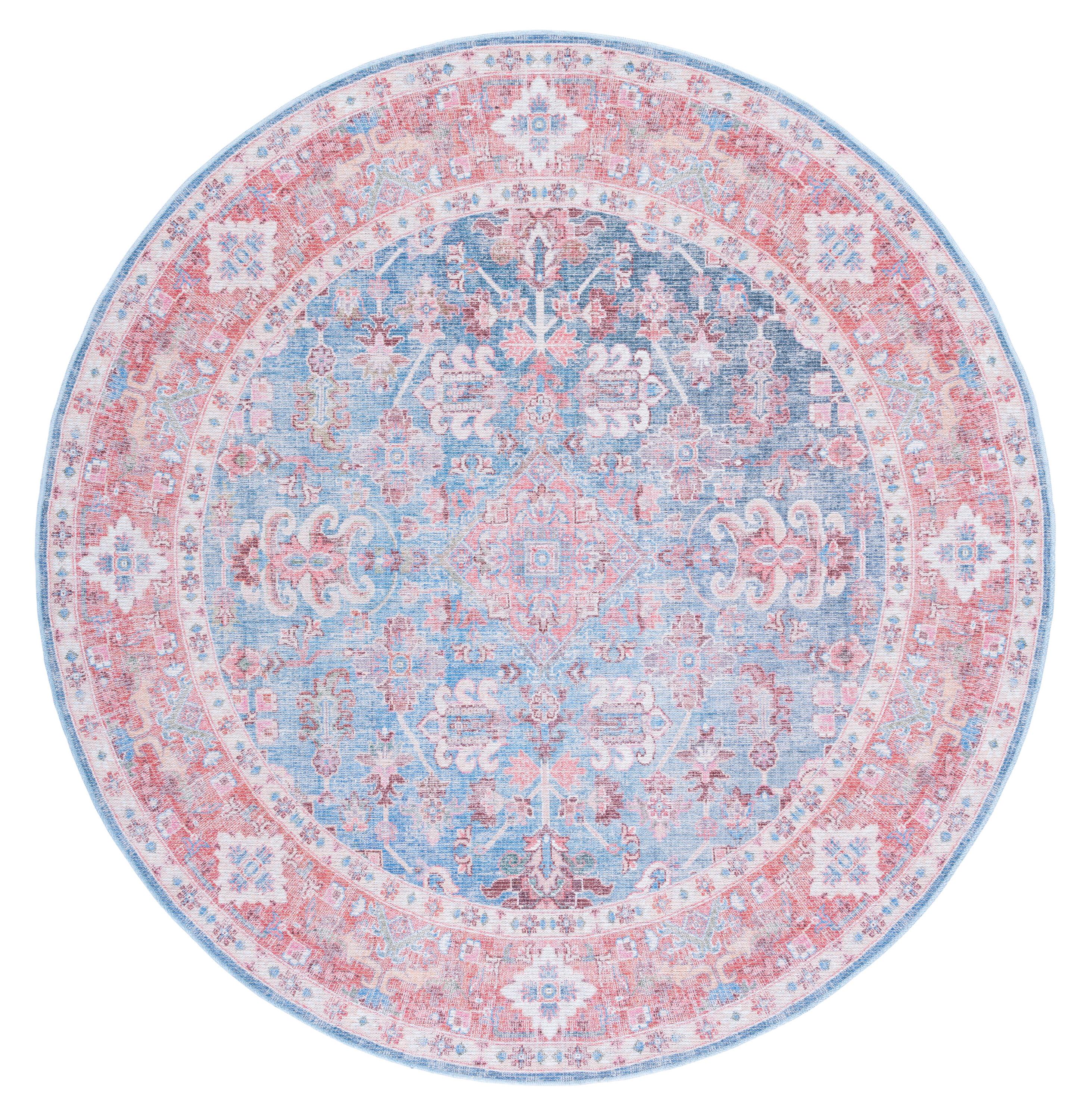 Serapi SEP515 Power Loomed Machine Washable Area Rug - Blue/Rust - 6'7" round - Safavieh.