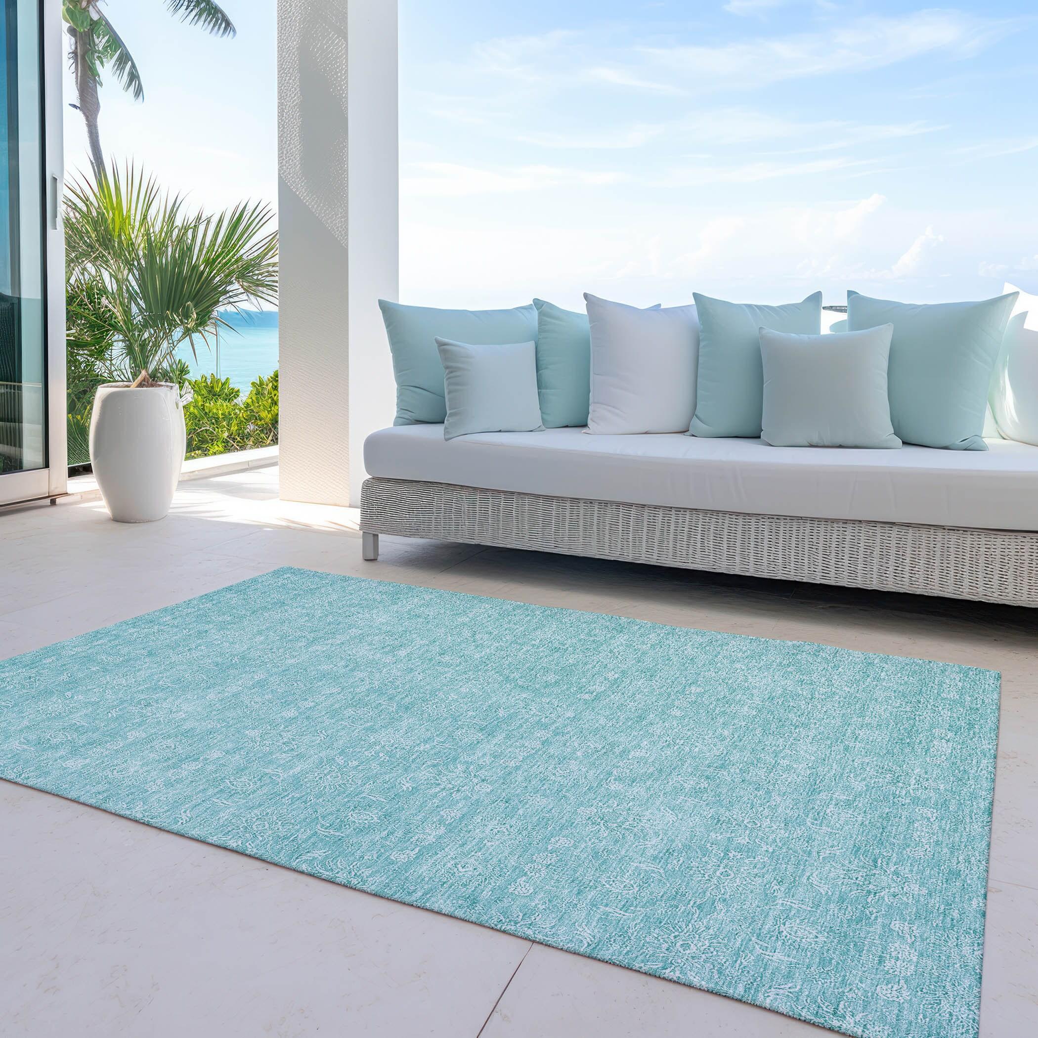 Addison Rugs Chantille Indoor/Outdoor Transitional Floral Aqua Washable Rectangle Rug, 8' x 10'