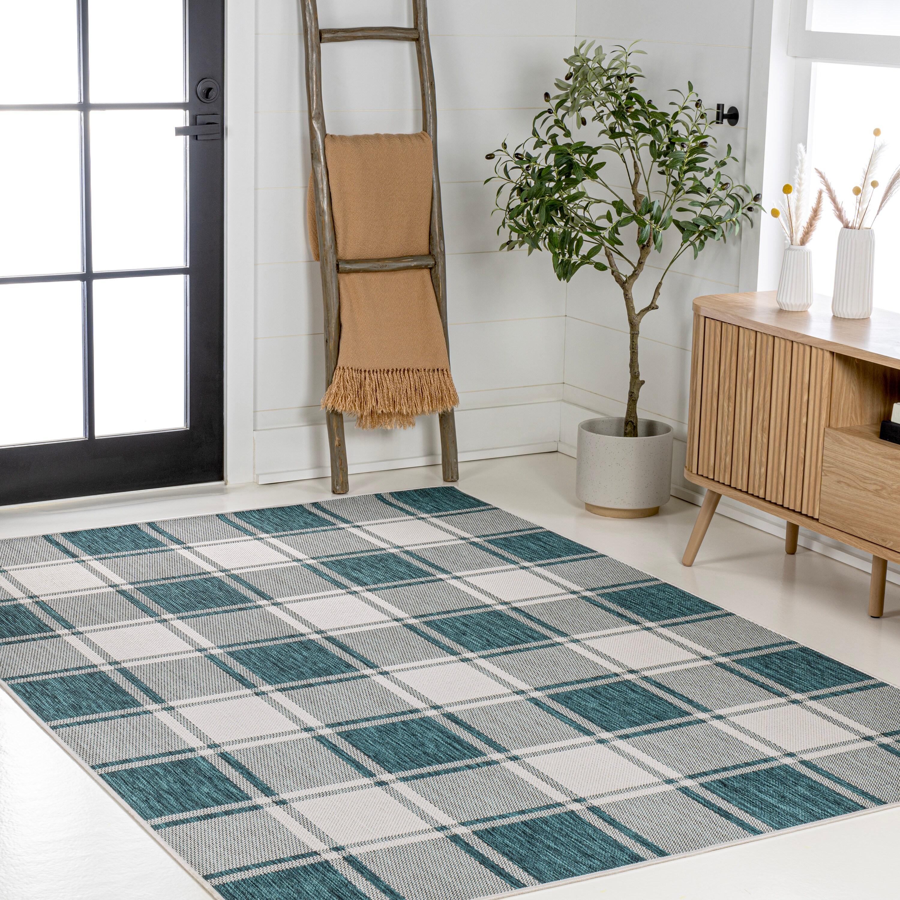 Sabine Traditional Farmhouse Bold Gingham Turquoise/Cream 8 ft. x 10 ft. Indoor/Outdoor Area Rug