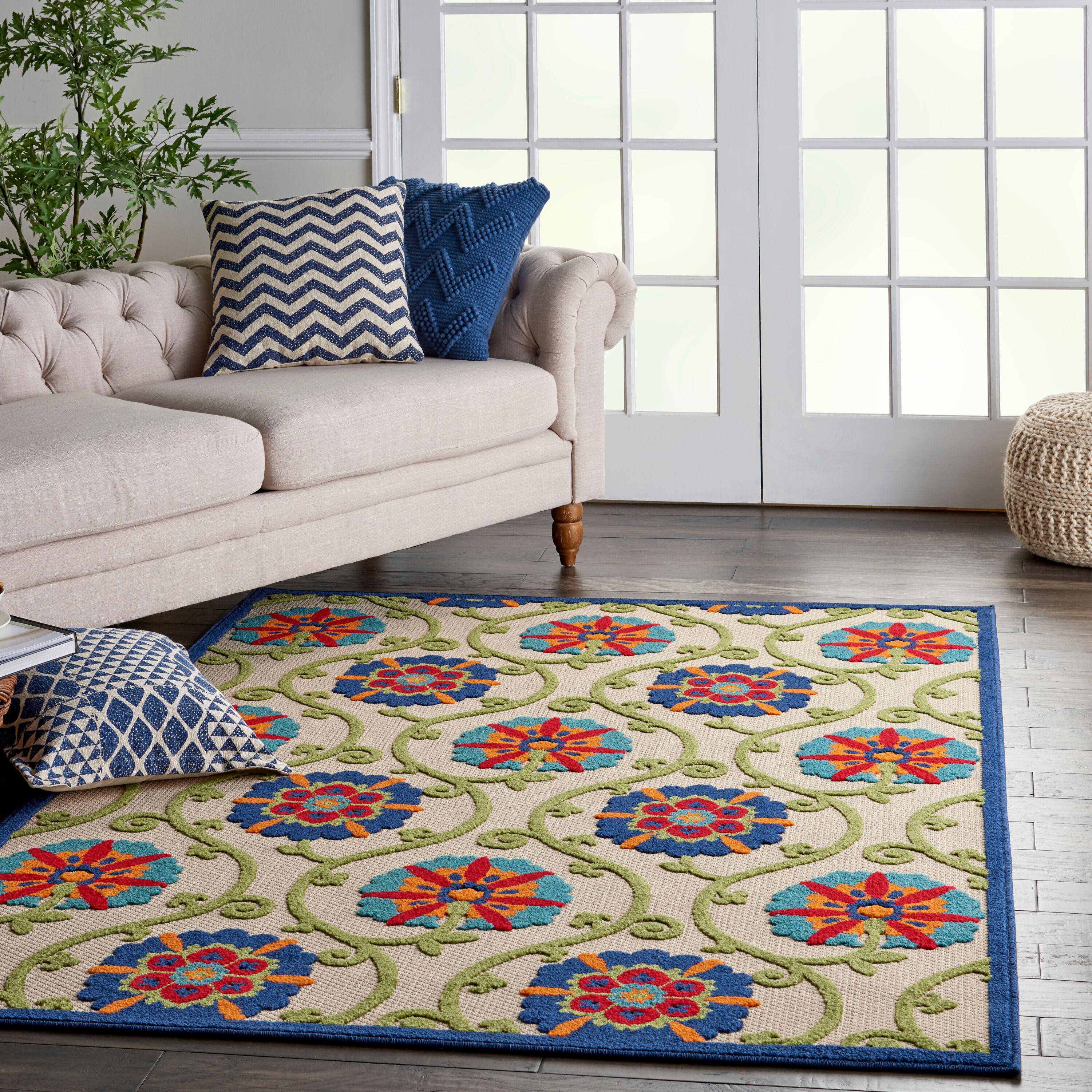 Nourison Aloha Contemporary Floral Flatweave High-Low Indoor Outdoor Area Rug Blue/Multicolor 3'6" x 5'6"