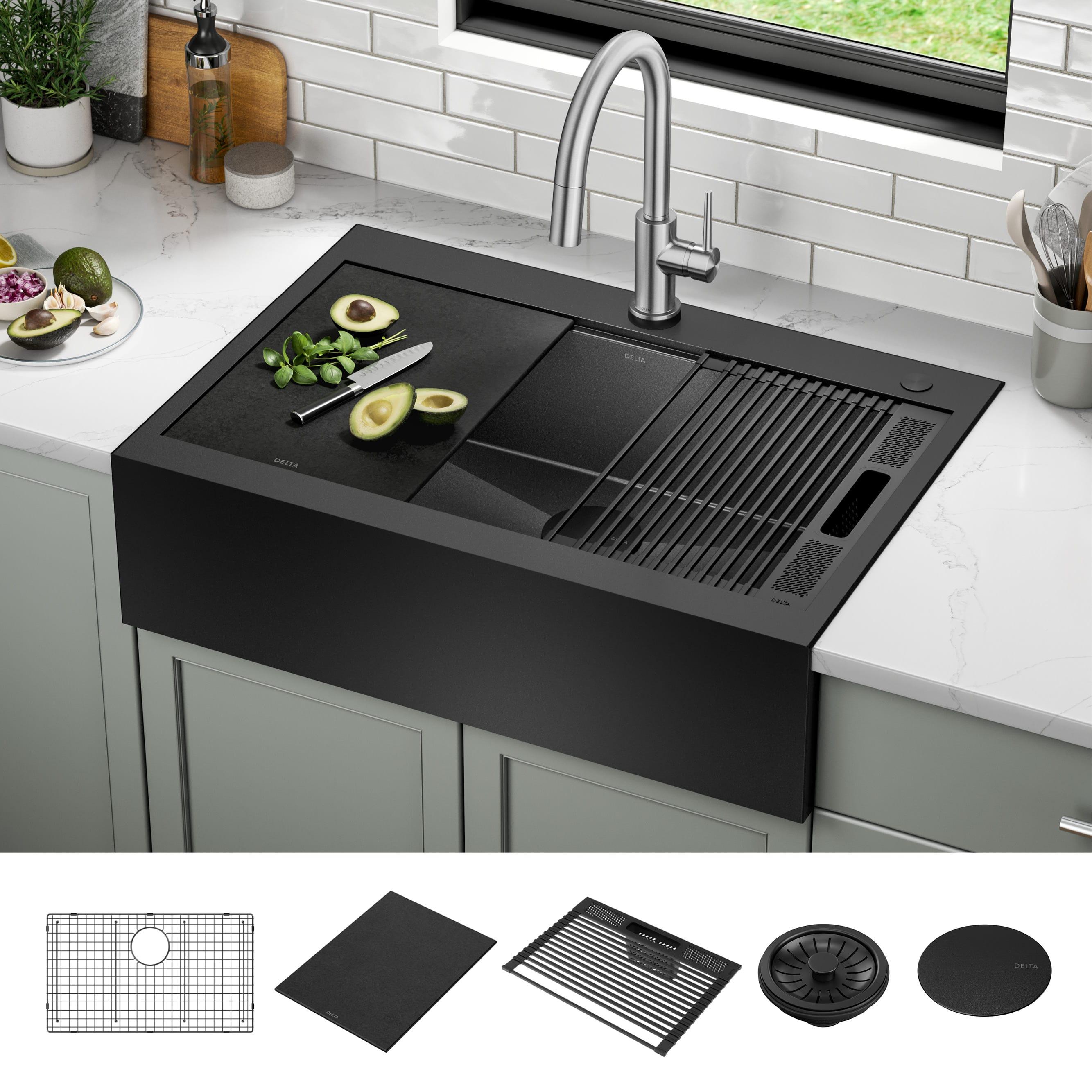 Delta Rivet™ Black Stainless Steel Retrofit Farmhouse Apron Front 16 Gauge Workstation Kitchen Sink Single Bowl