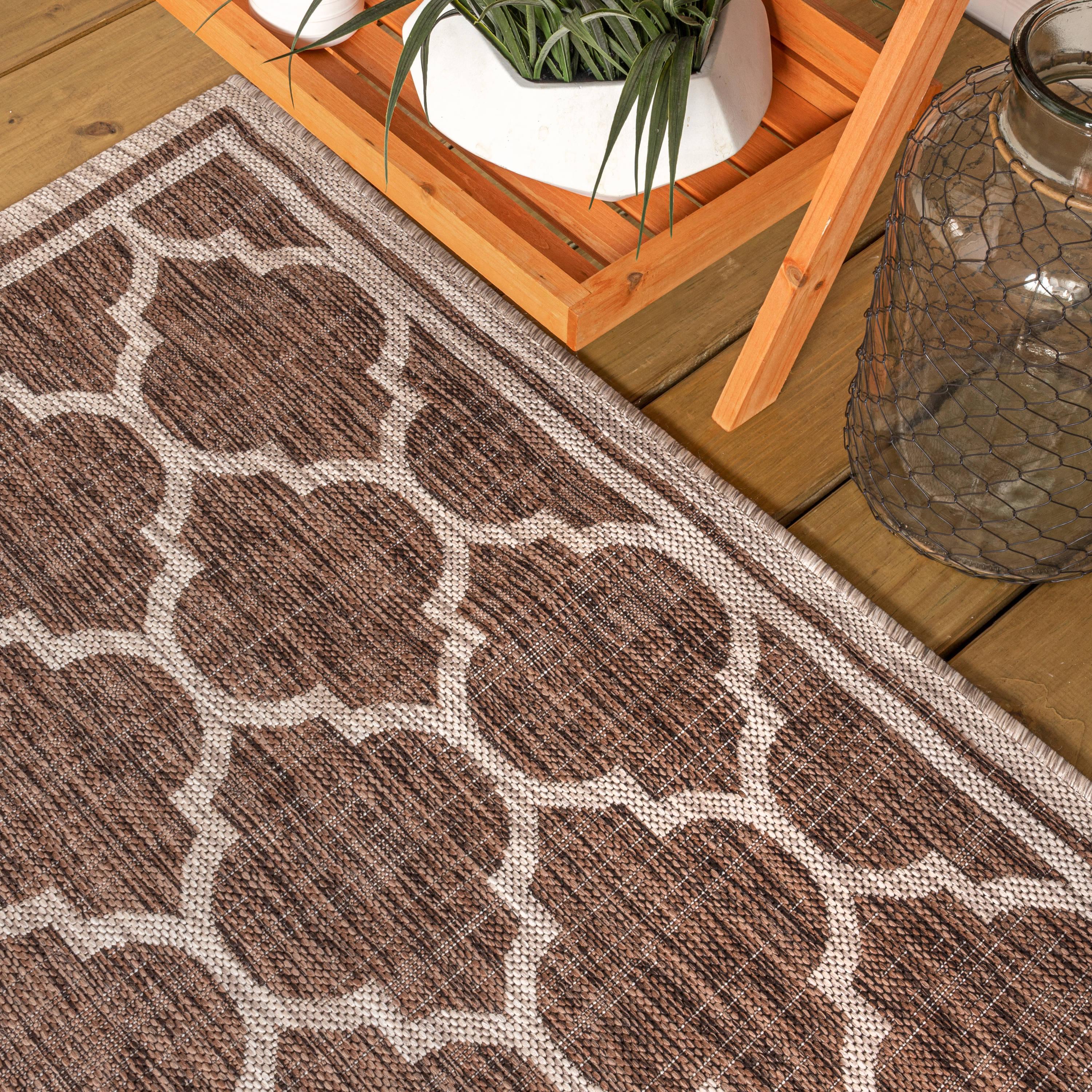 9' X 12' Trebol Moroccan Trellis Textured Weave Indoor/Outdoor Area Rug, Espresso/Taupe - JONATHAN Y