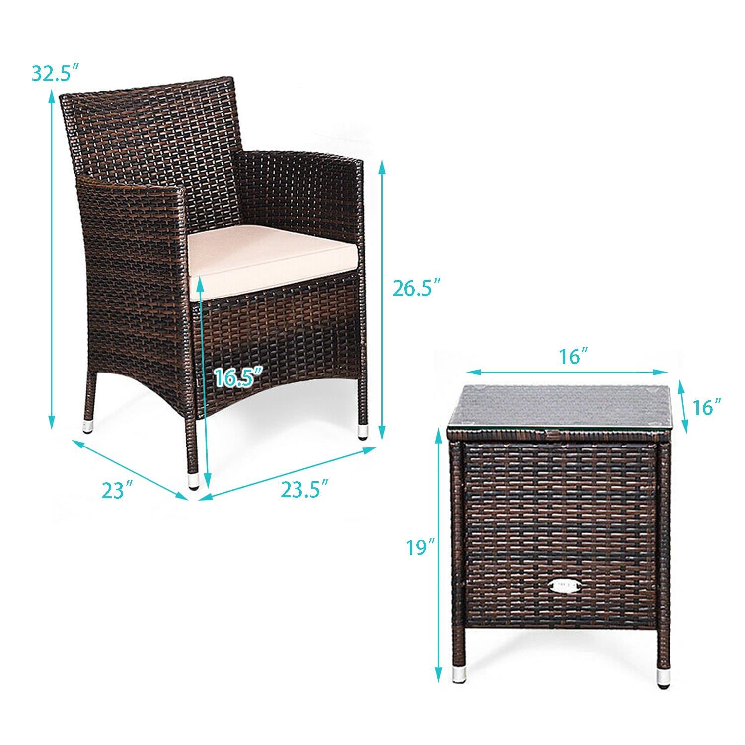 Topcobe 3 Piece Patio Conversation Set Outdoor Rattan Wicker Furniture Set with Coffee Table & Chairs Patio Bistro with Seat Cushions for Garden Balcony Backyard Poolside