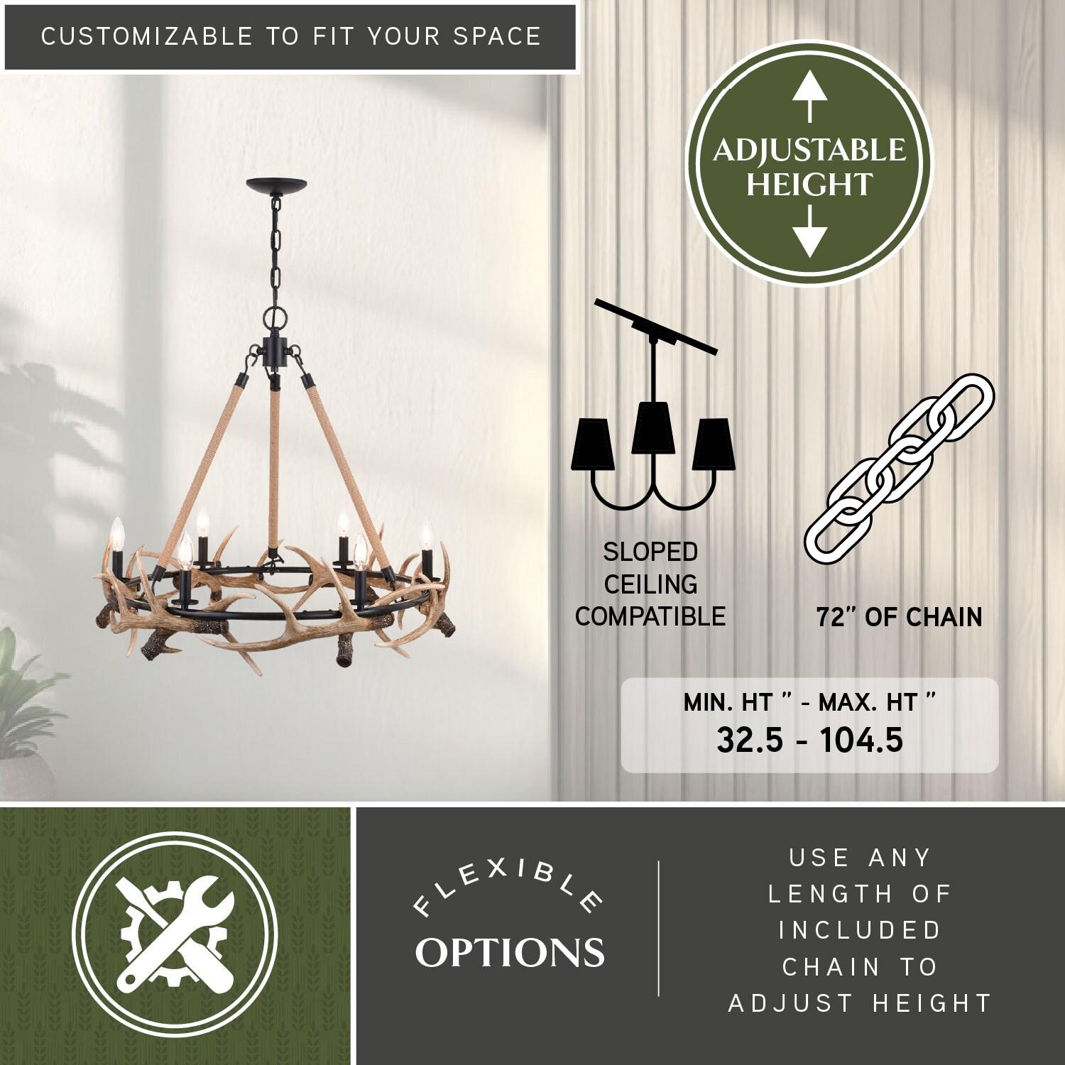 Vaxcel Breckenridge 6 Light Bronze Rustic Antler Chandelier Natural Rope Accent
