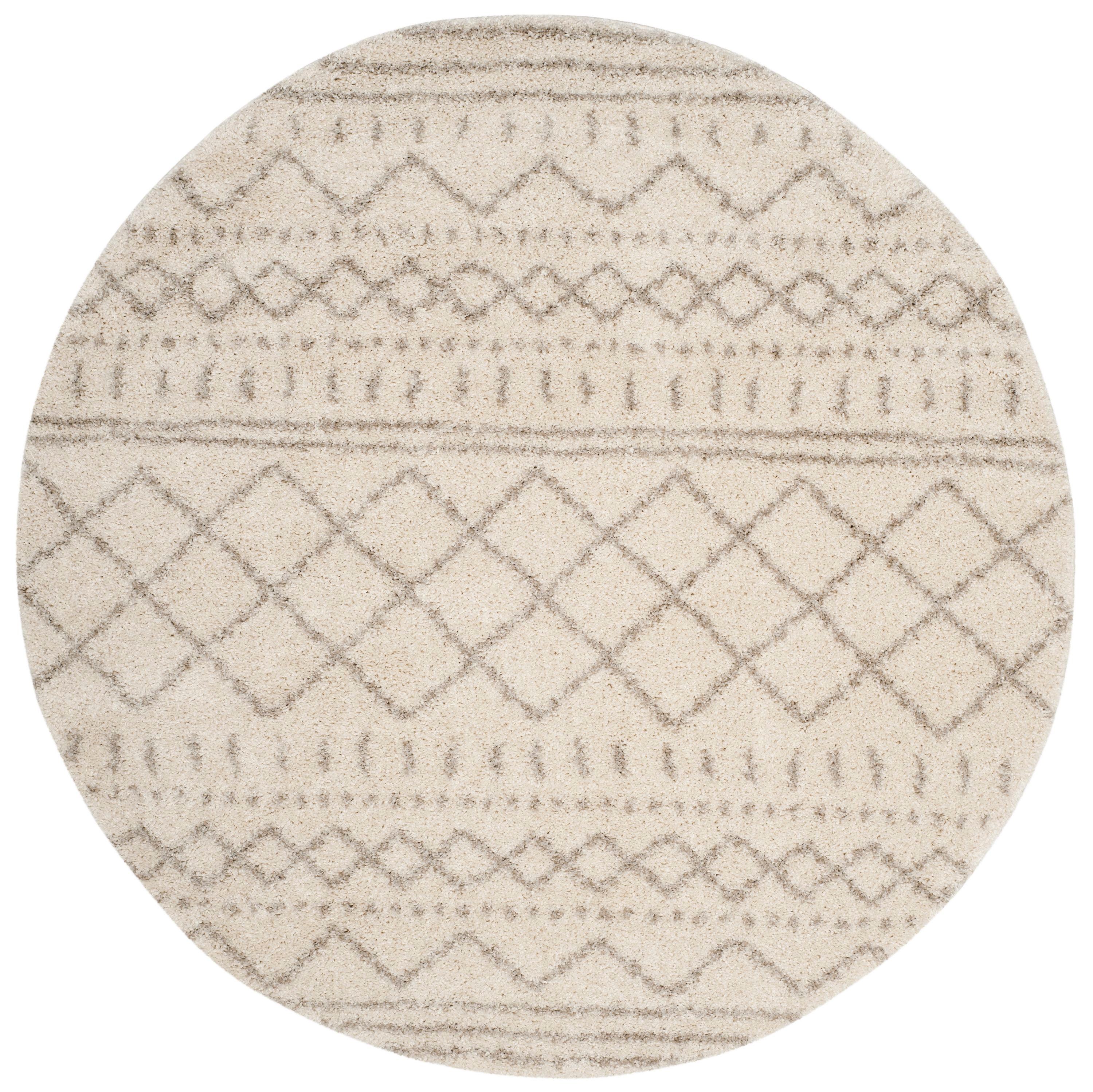 Ivory Beige Round Shag Rug with Geometric Pattern