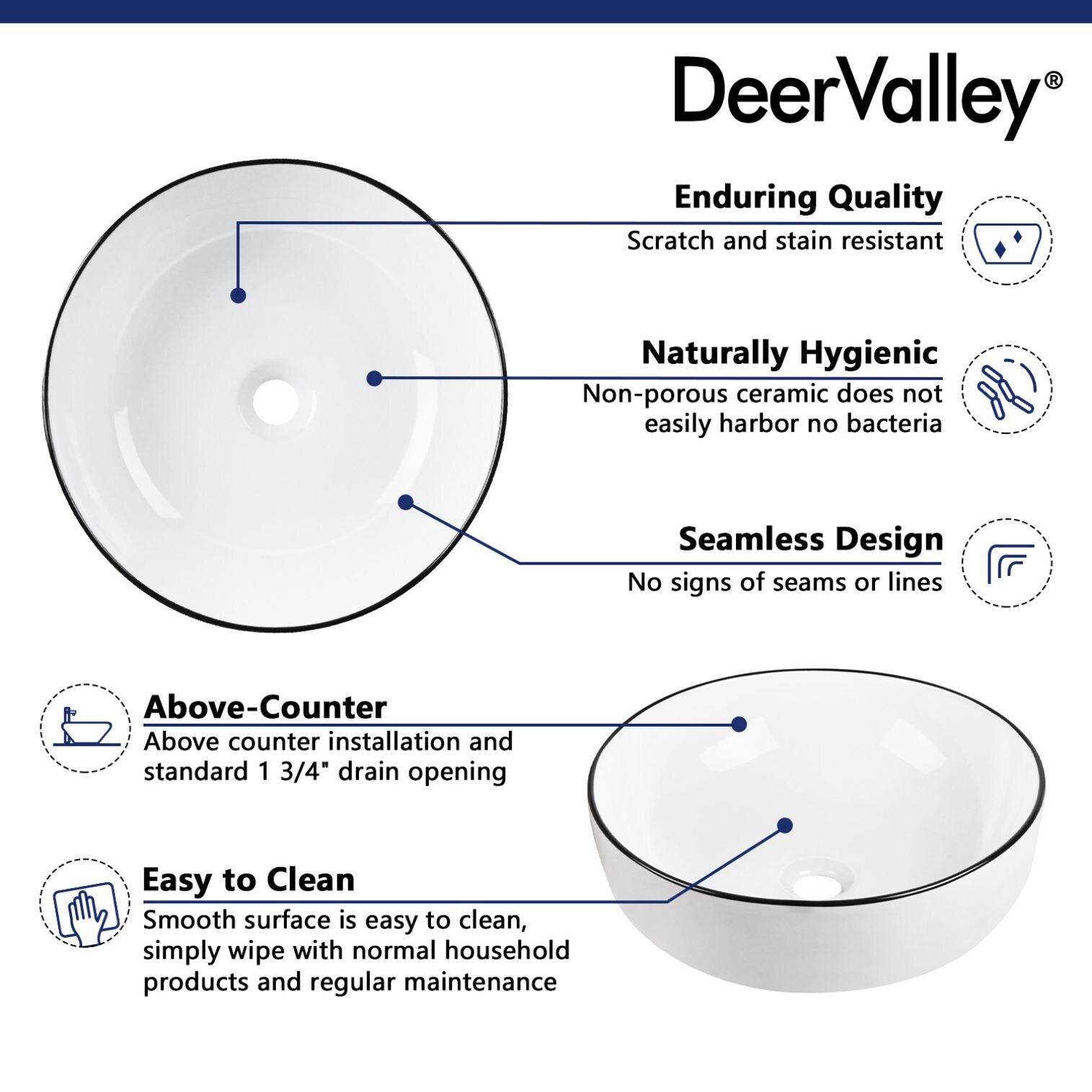 DeerValley Symmetry 16'' Circular White/Black Ceramic Vessel Bathroom Sink